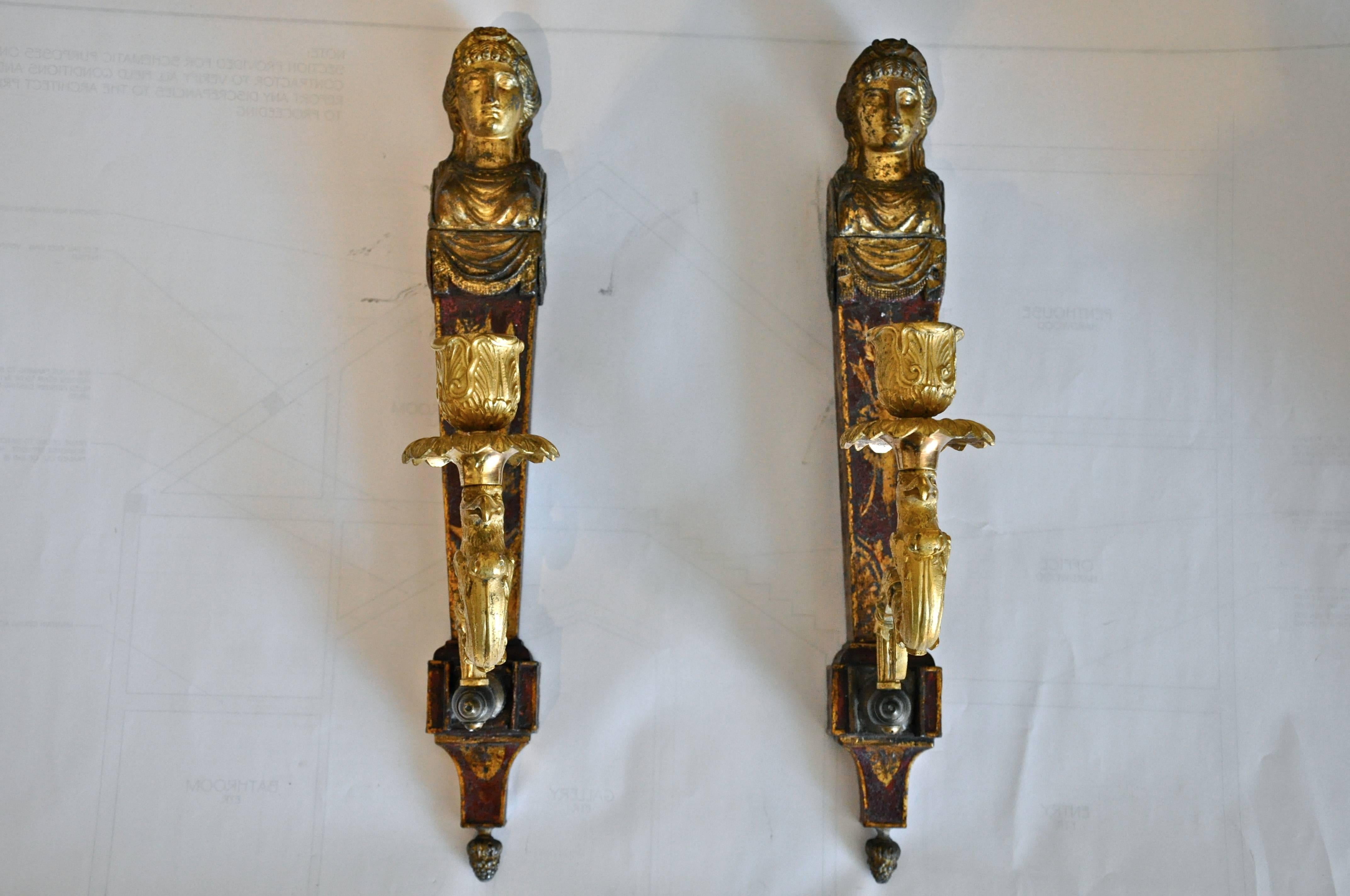 Lacquered Pair of French Empire Red Tole and Gilt Neoclassical Sconces