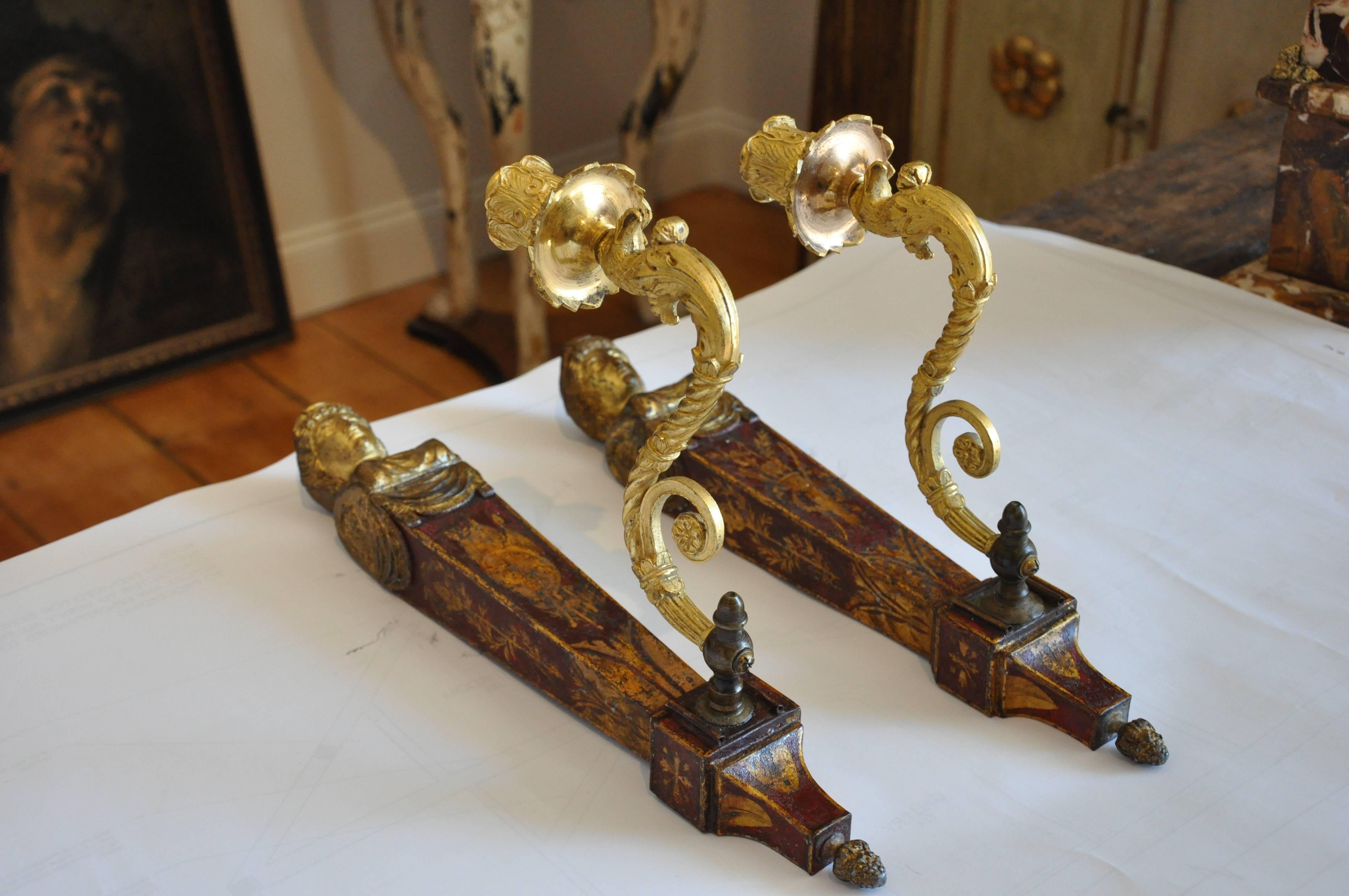 19th Century Pair of French Empire Red Tole and Gilt Neoclassical Sconces