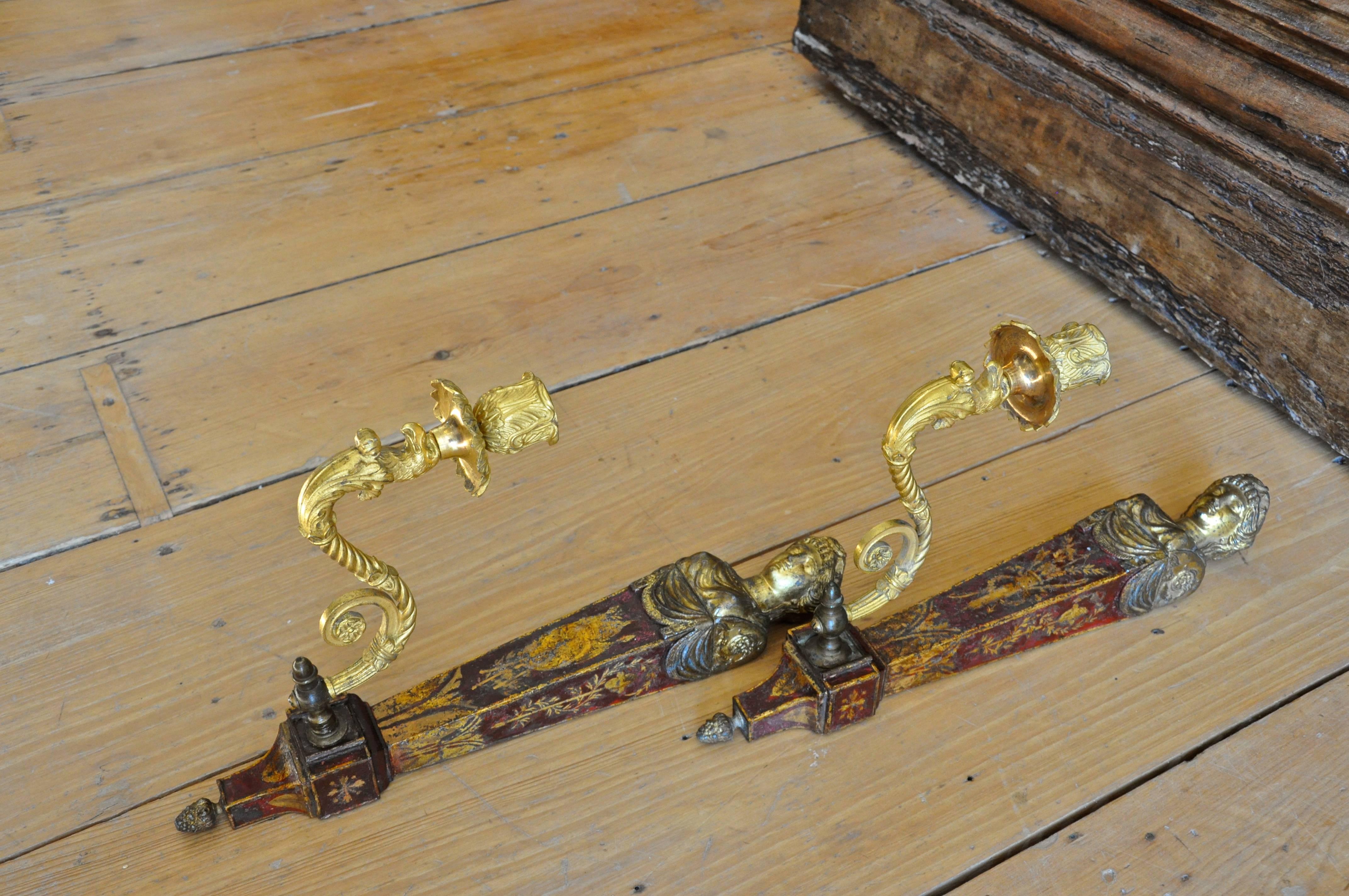 Tin Pair of French Empire Red Tole and Gilt Neoclassical Sconces