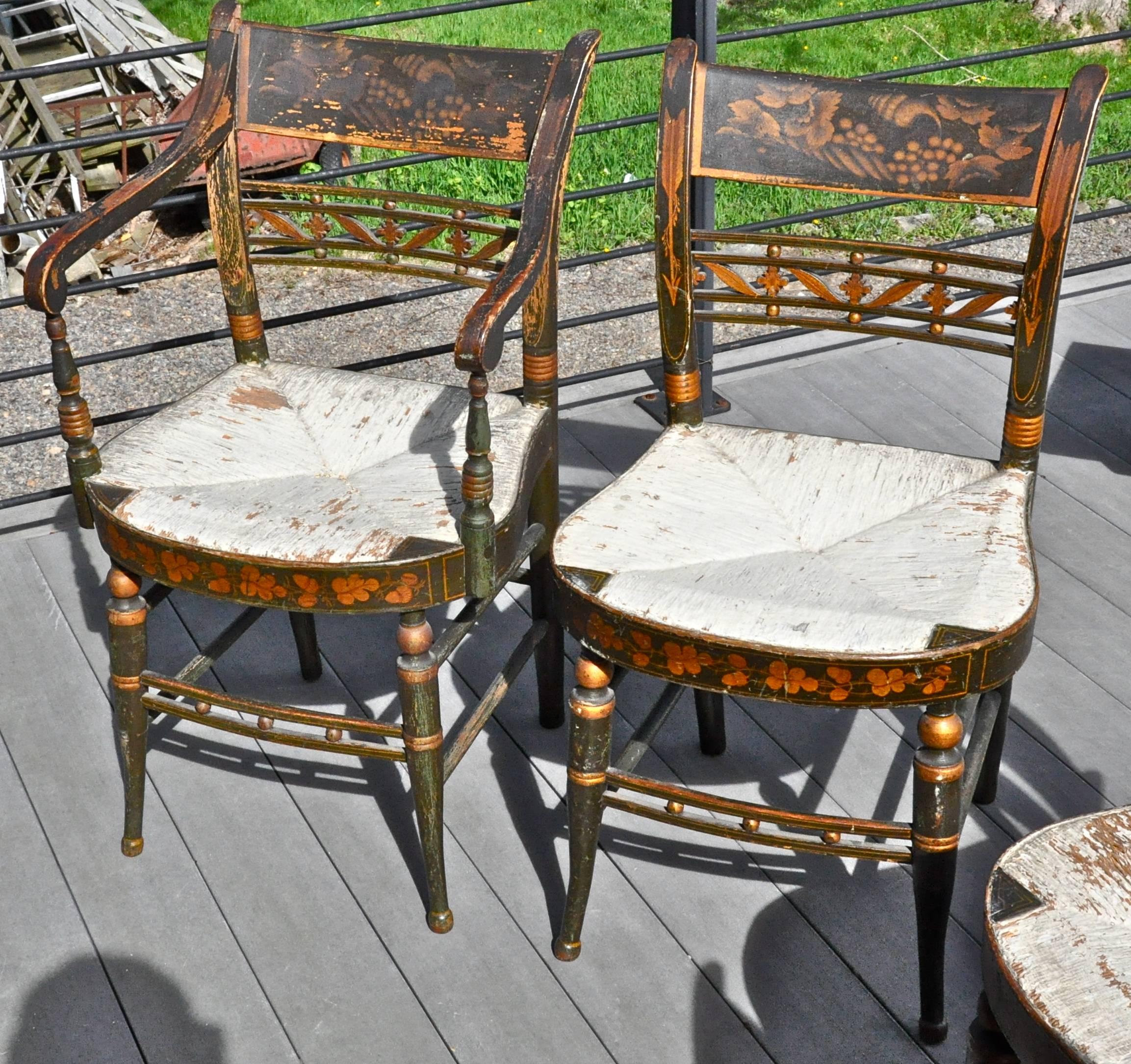 American Rare Set of 12 Period Early 19th Century Sheraton Fancy Painted Dining Chairs
