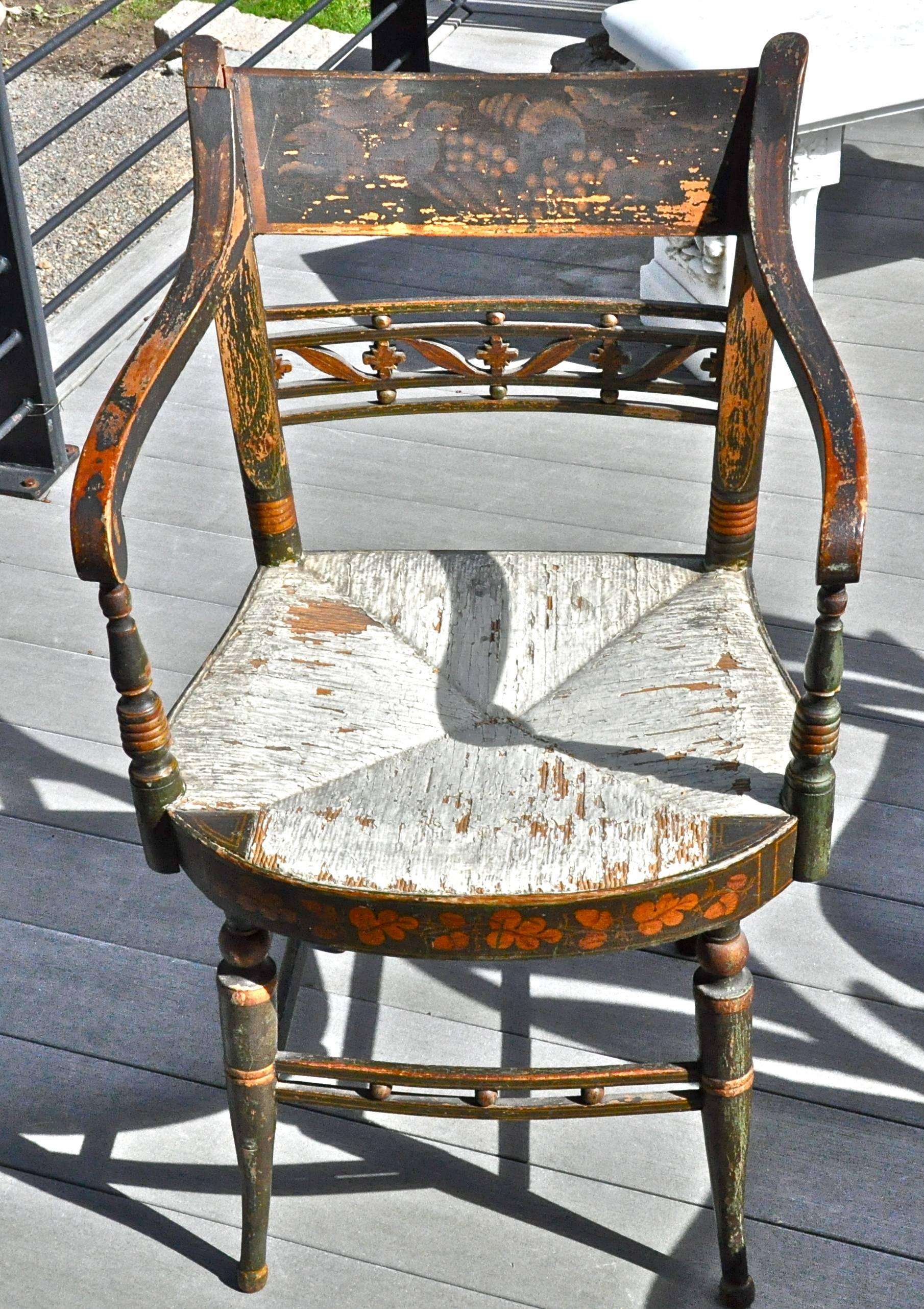 Federal Rare Set of 12 Period Early 19th Century Sheraton Fancy Painted Dining Chairs