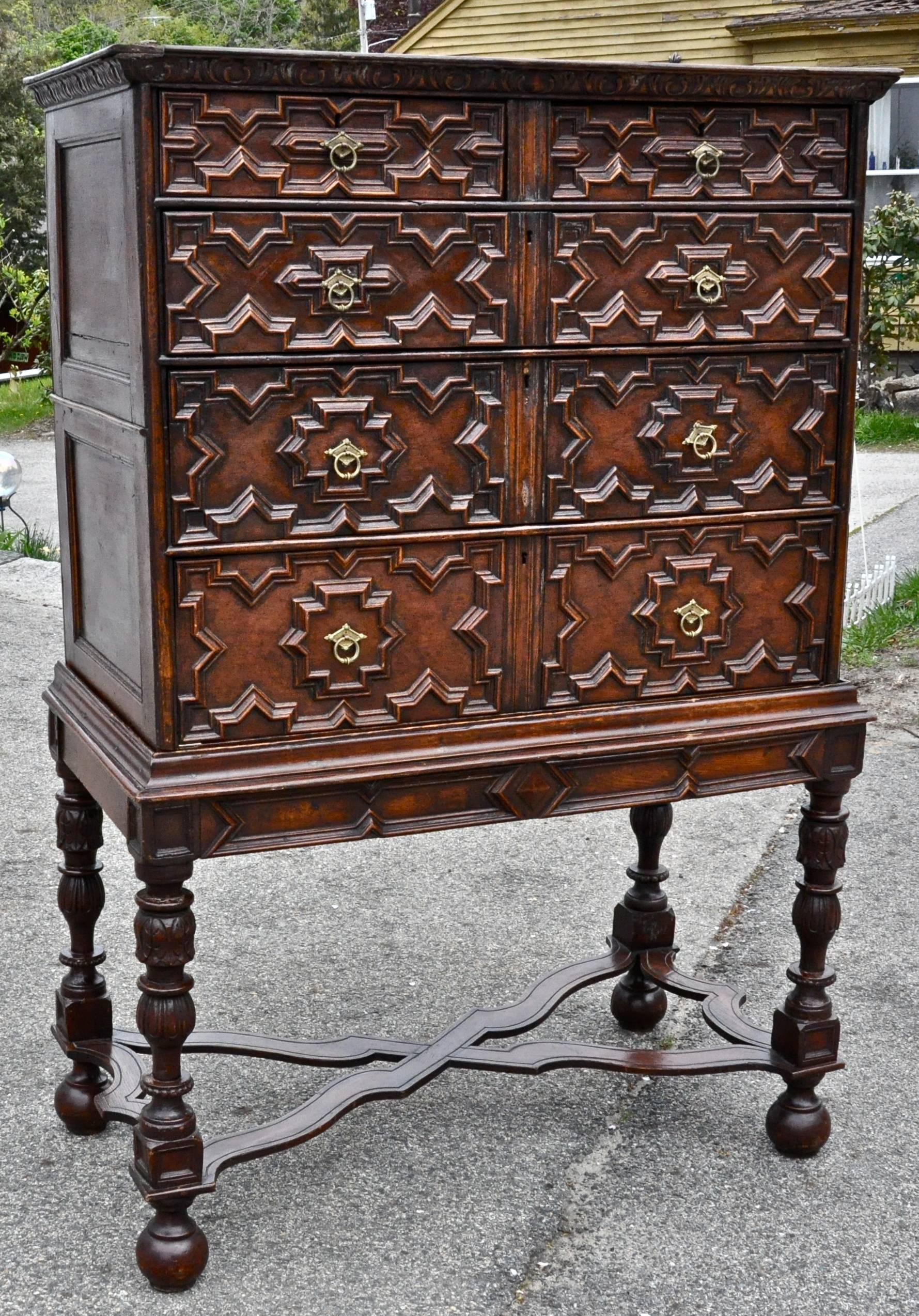 Jacobean oak chest on stand, 18th century and later

Wonderfully carved and framed chest on later stand
Chest being 18th century, frame circa 19th century
Quilt motif.