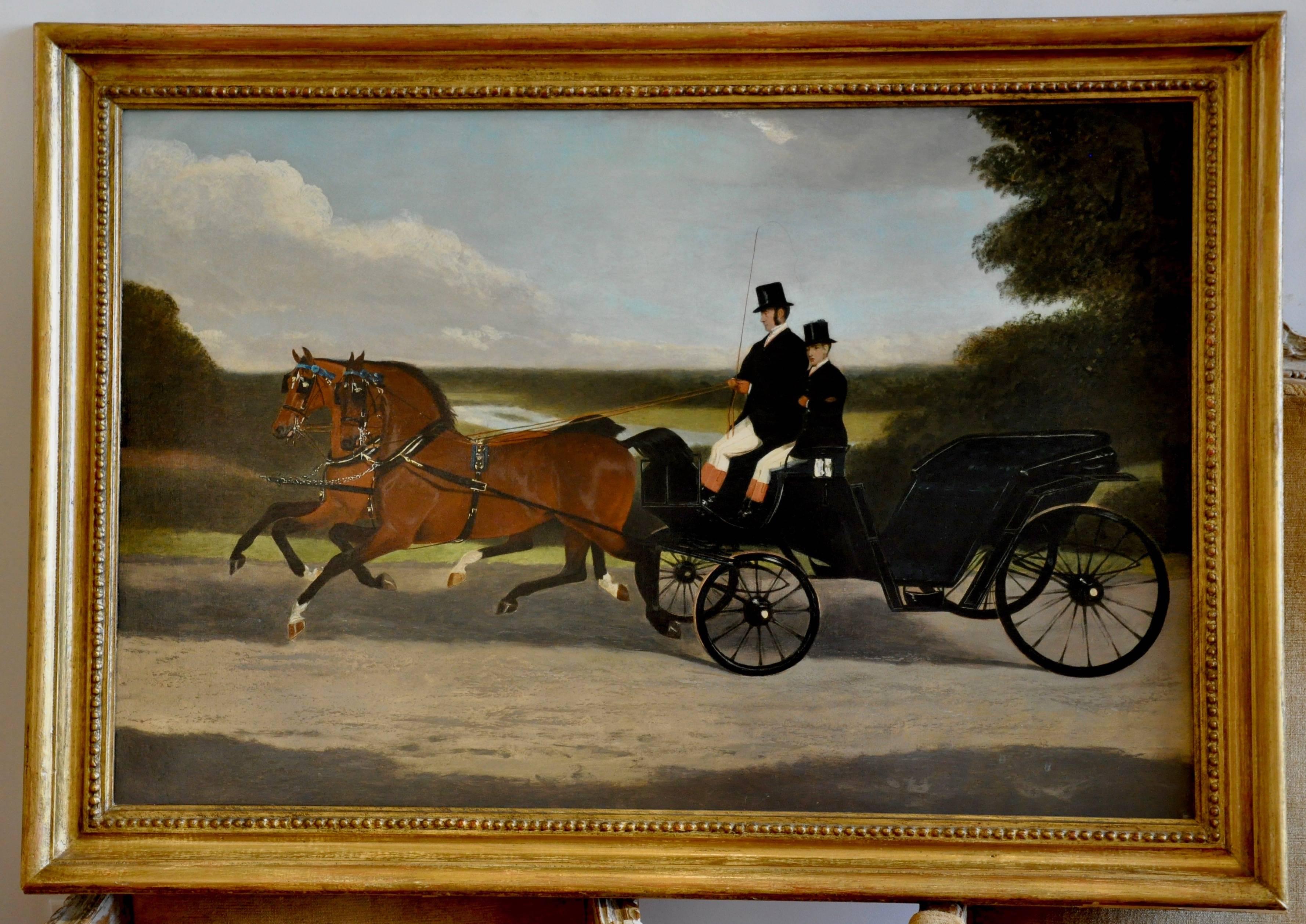 Pair of American or English, 19th century coaching scenes

--A true pair
--Equestrian and horse
--Were cleaned and relined. No visible signs of damage repair
--Original frames.
  