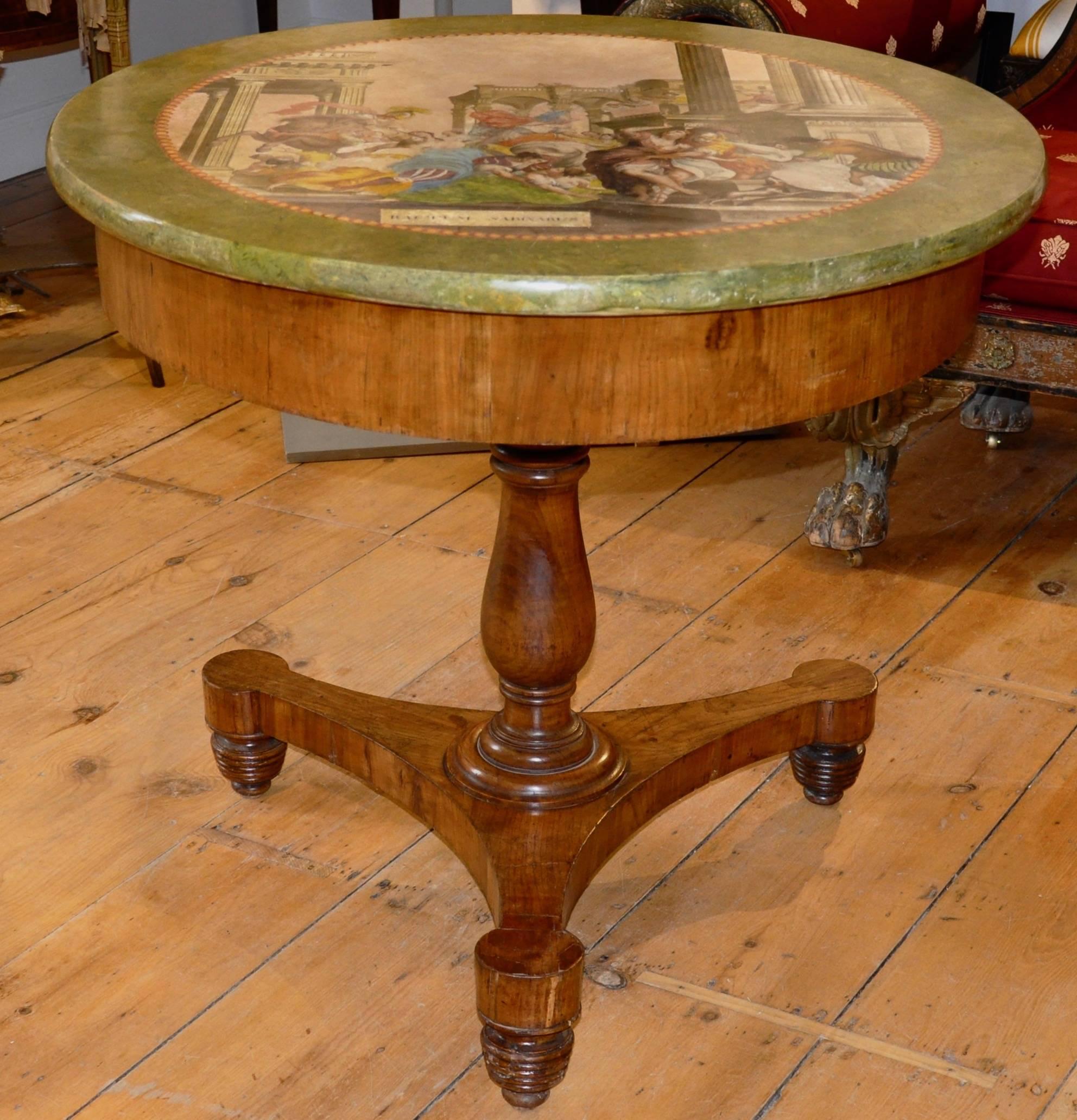Period early 19th century Italian fruitwood gueridon or centre table with magnificent scagliola top.

- Scagliola top in fine execution of the rape of the sabines 