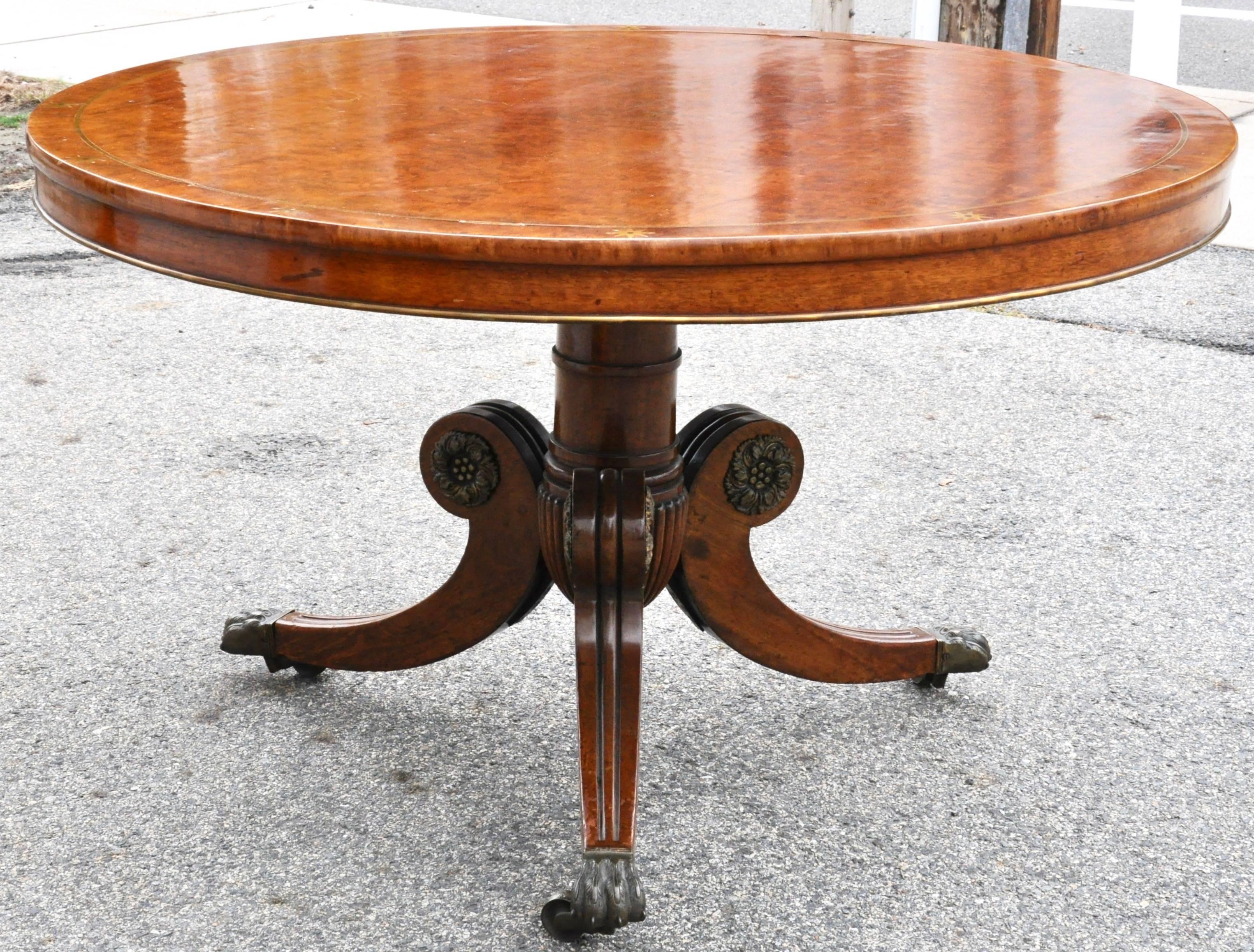 Period Mahogany Regency Center Table or Round Dining Table
--Great Color and Patina
--Brass Banding and Star Inlay
--Robust Legs with Original Rosettes
