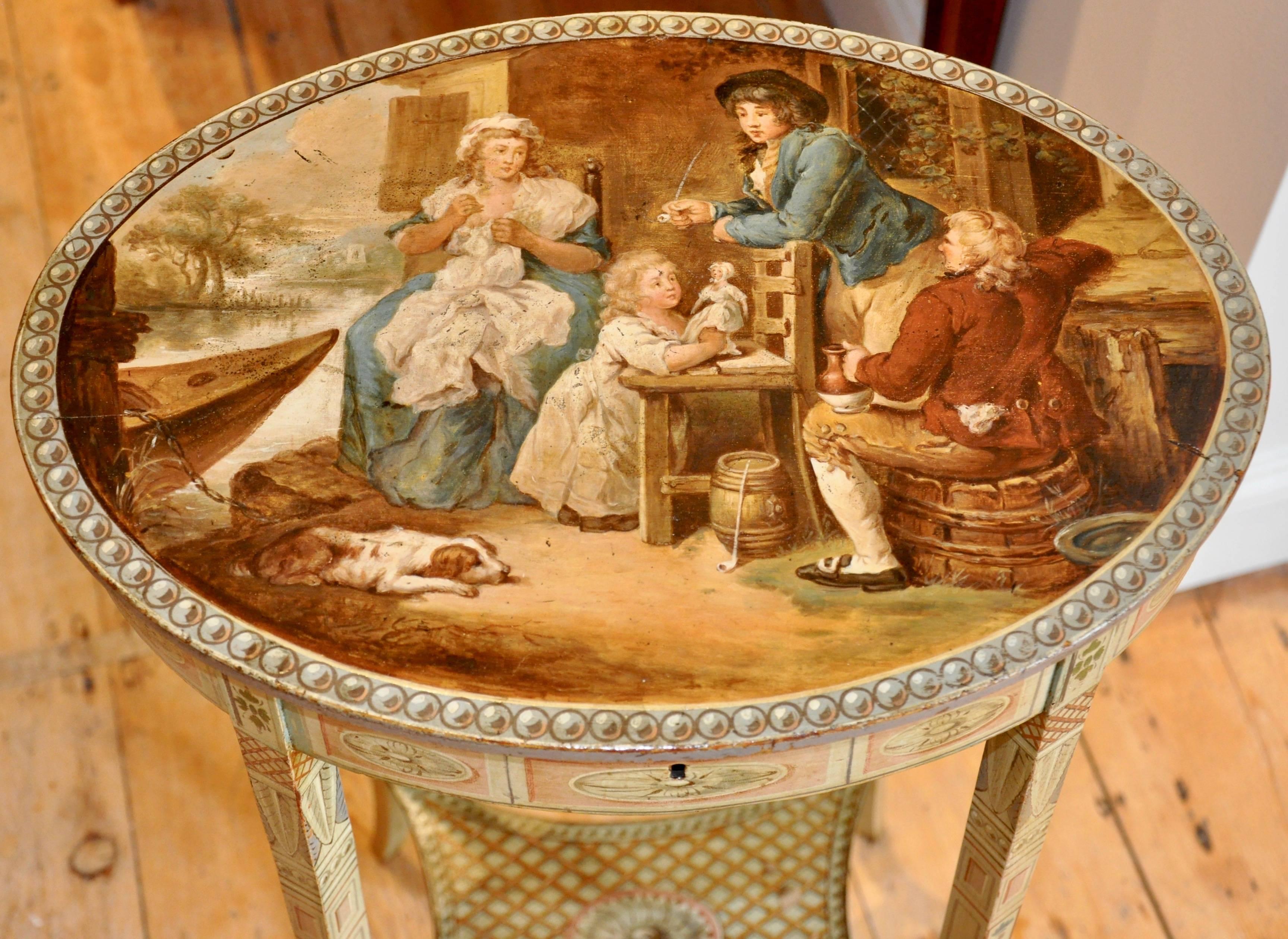 Period and original Adam style painted work or sewing table

-- Neoclassical 
-- Hogarth type painting on top lid and a narrative work on the inside
-- Amazing condition of paint
-- We have the original pine bag bottom
-- Remnants of original