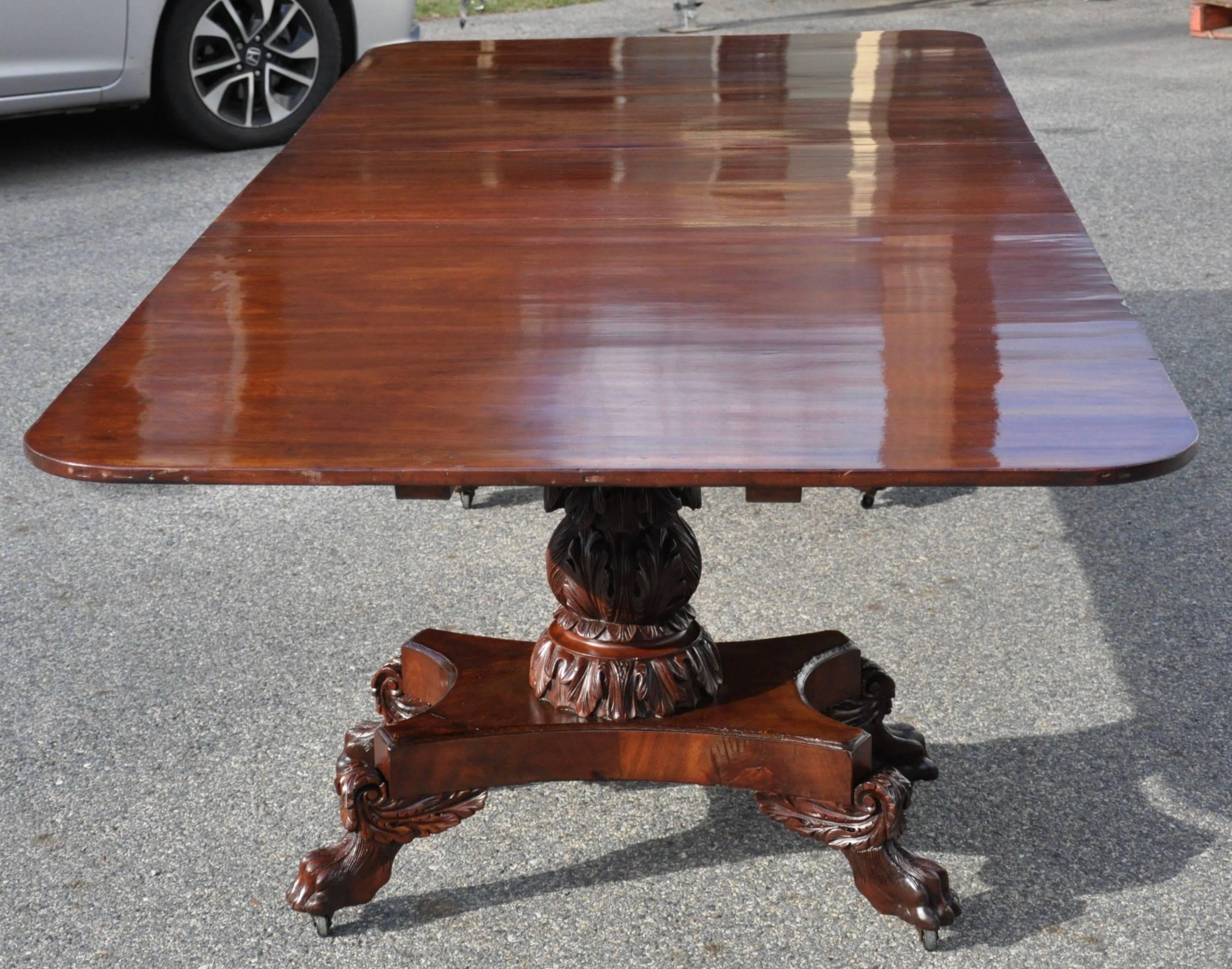 Period American Federal Dining Table, Two Pedestal, Classical Base

--Original Tilt top Mechanism
--Beautiful Original Color and Patina
--Classical or Neoclassical Pedestal
--One Leaf
--New England, Portsmouth, New Hampshire or Newburyport,