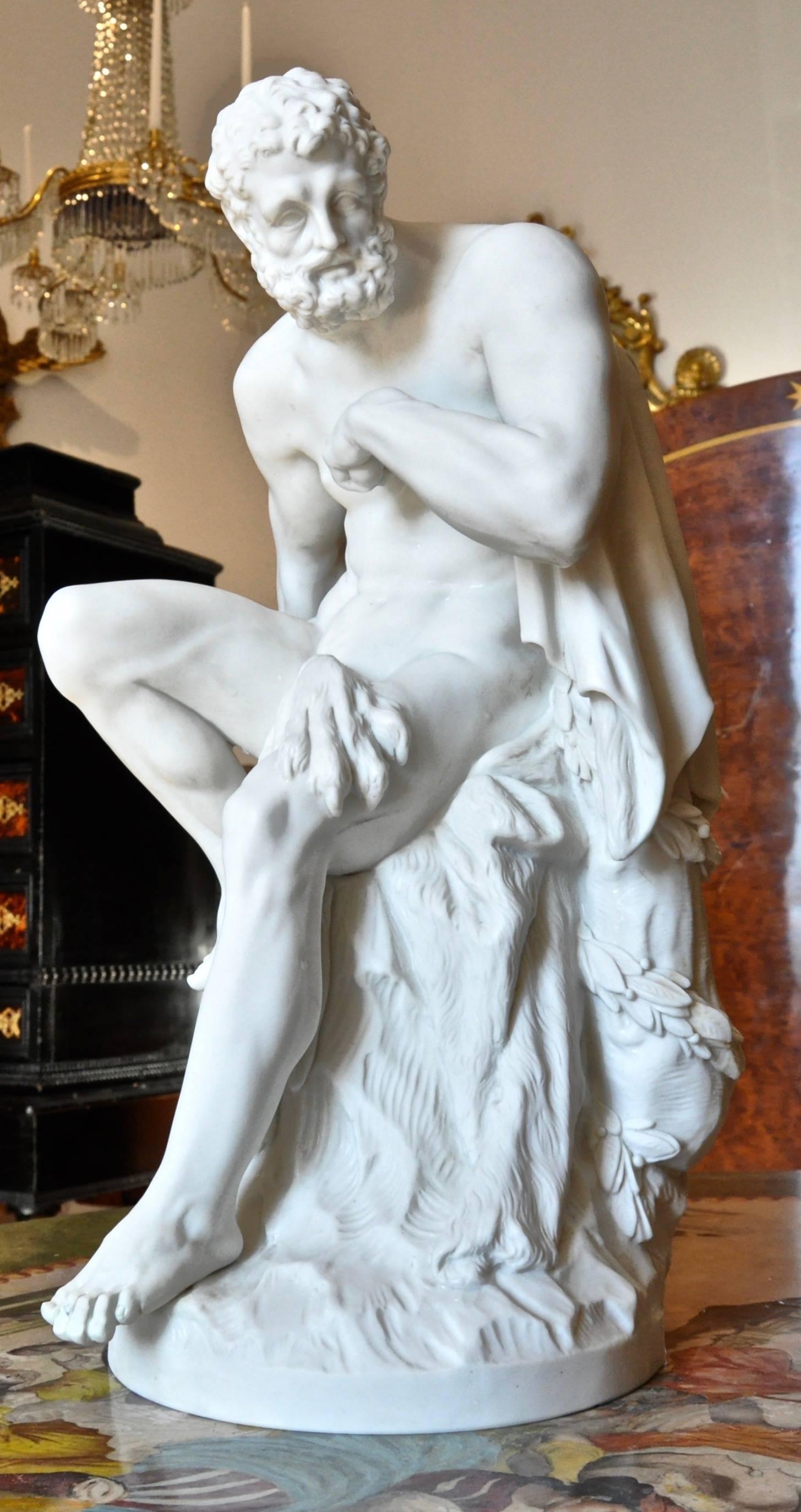 19th century Berlin porcelain figure of a seated Hercules

--Nude male form seated on Nemean lion skin
--Neoclassical form
--Parian or Bique unglazed.