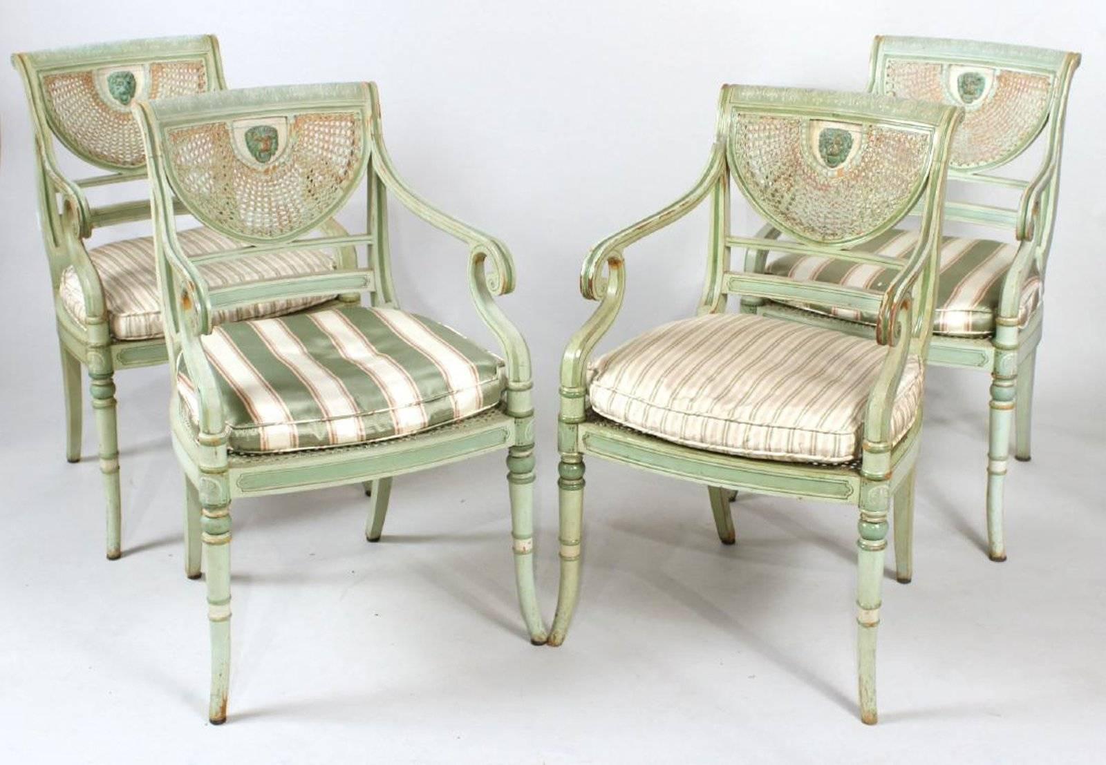 Four Nineteenth Century Painted Regency Chairs

--Wonderful green Neoclassical Painting
--Lion Mask On Back
--Caning in good shape