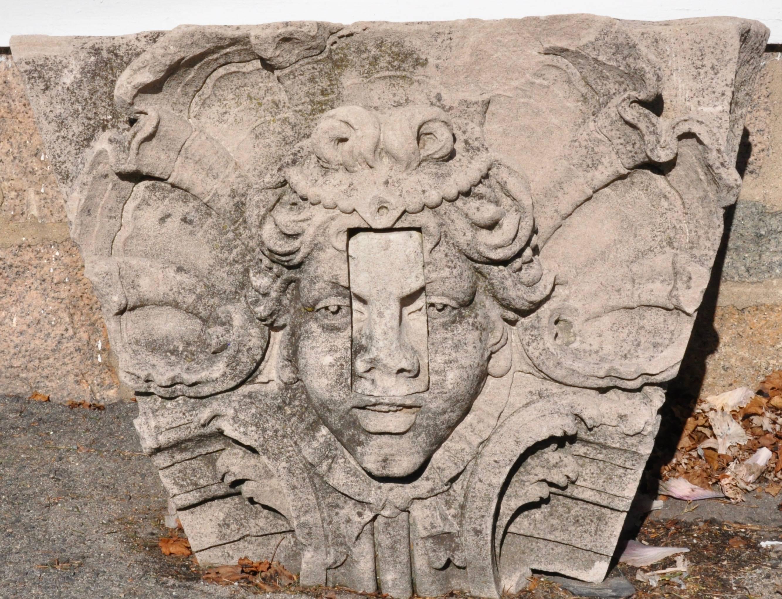 Large Pair of Limestone Keystones from Chetwode, Newport RI

--John Astor's Mansion for a time and demolished in 1973
--In the French Baroque Taste

A limestone-clad brick Louis XIV style château, Chetwode was built for Mrs. William Storrs