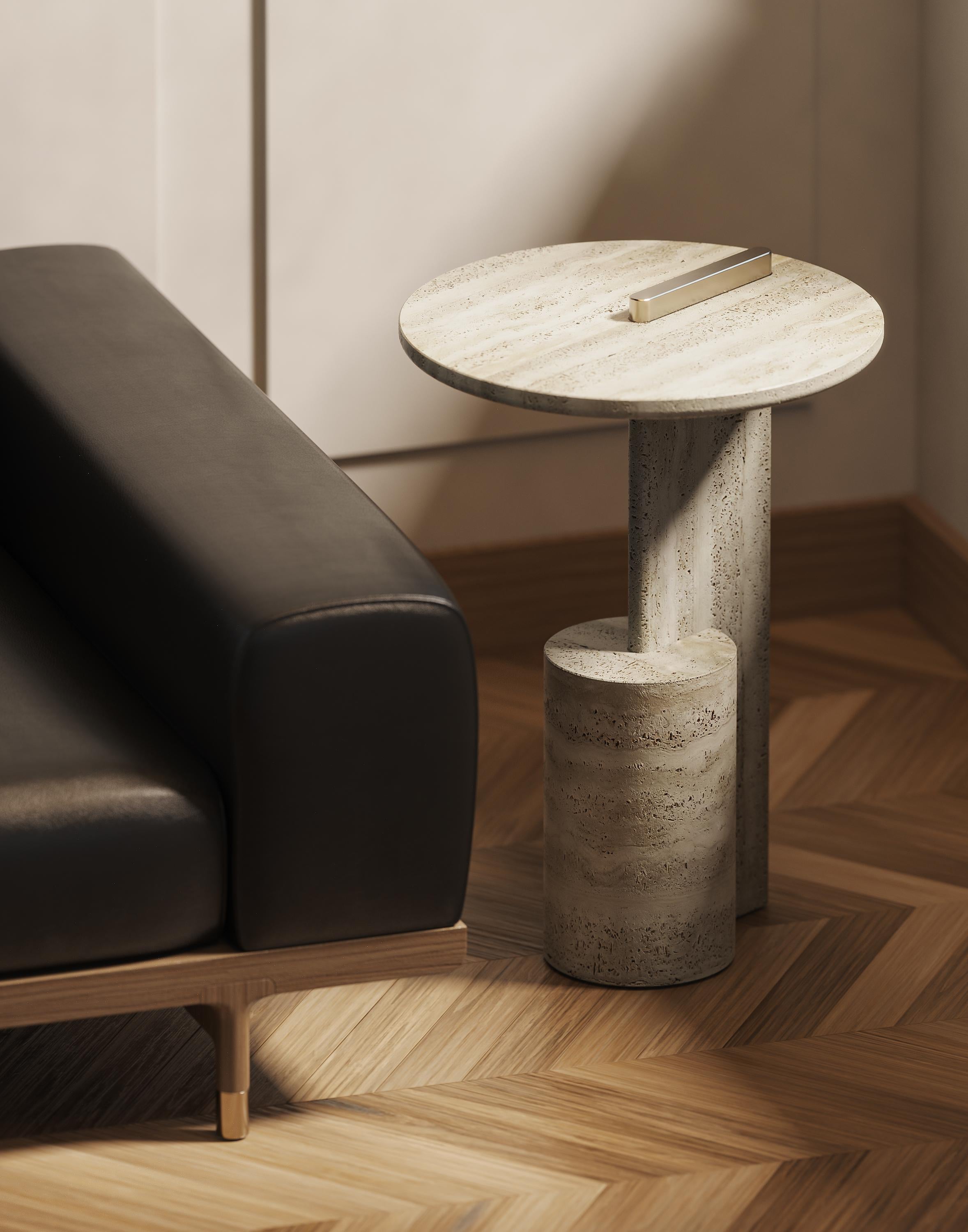 Periodo contemporaneo On – contemporary Side Table in Roman Travertine and metal in vendita