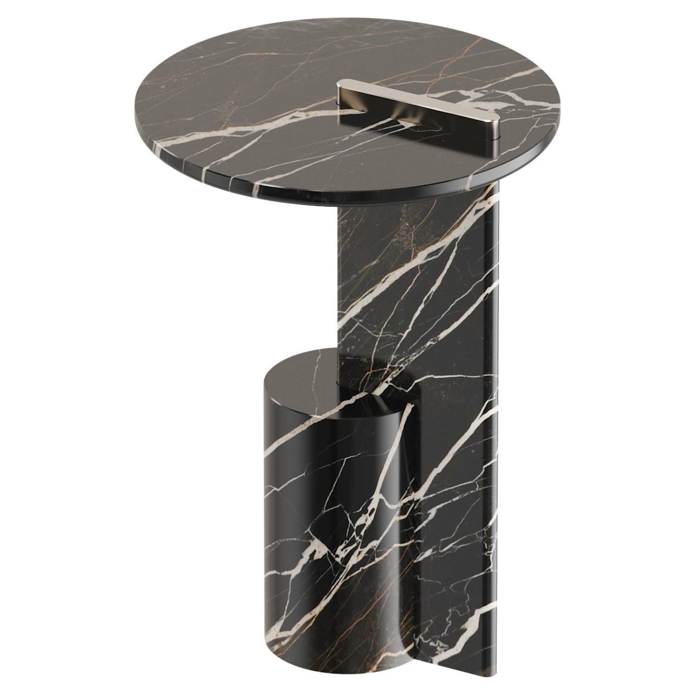 On – contemporary Side Table in Port Laurent Black Marble and Metal in vendita