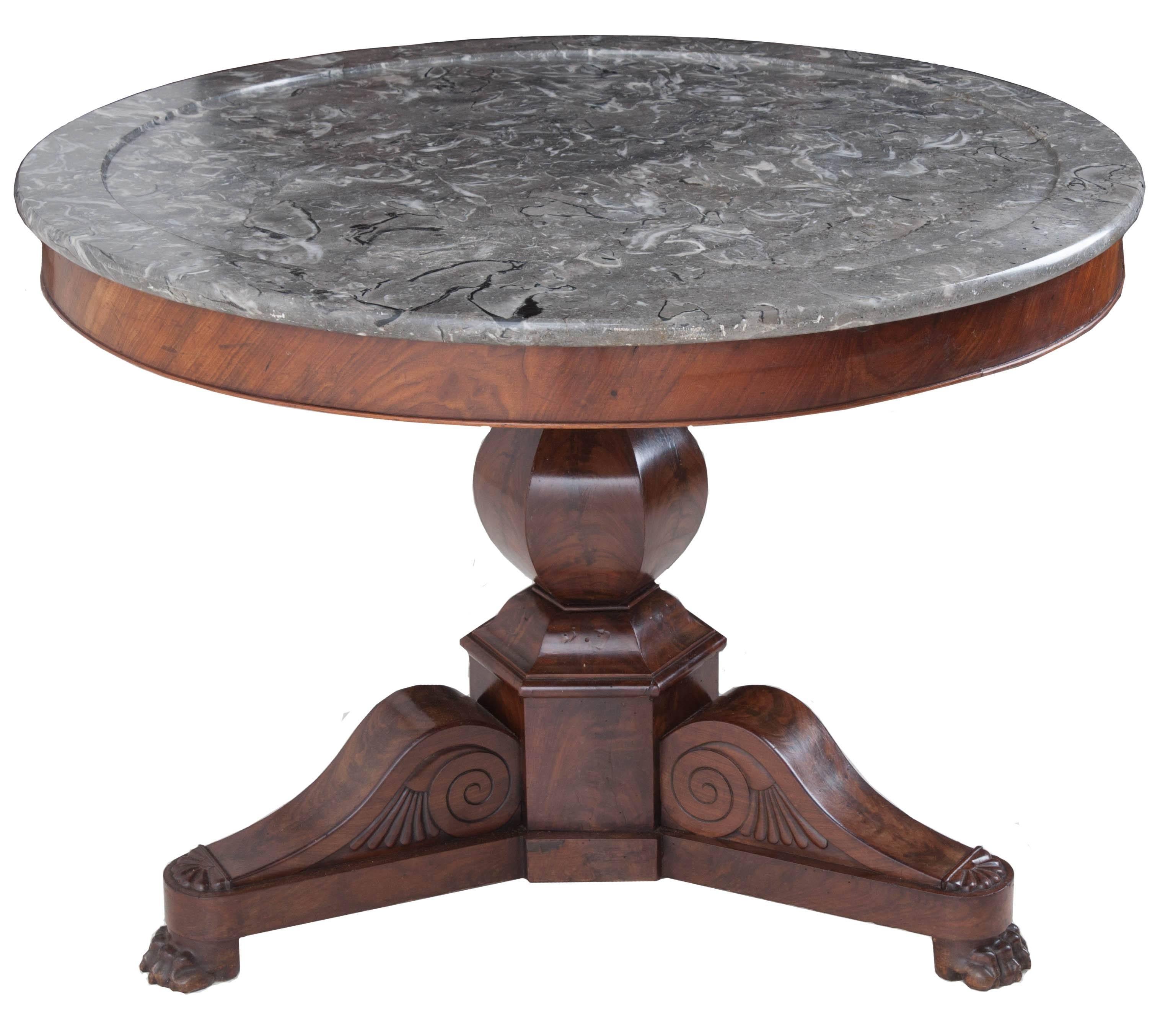 French 19th Century Restauration Mahogany Center Table with Marble Top