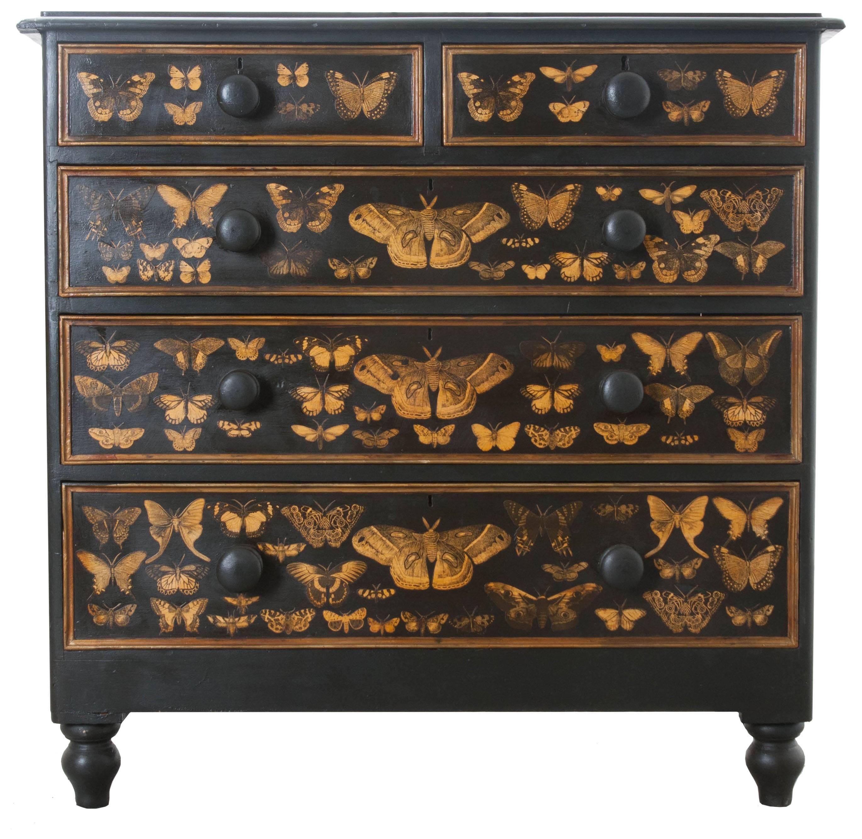 19th Century Victorian Decoupage Moth Chest of Drawers