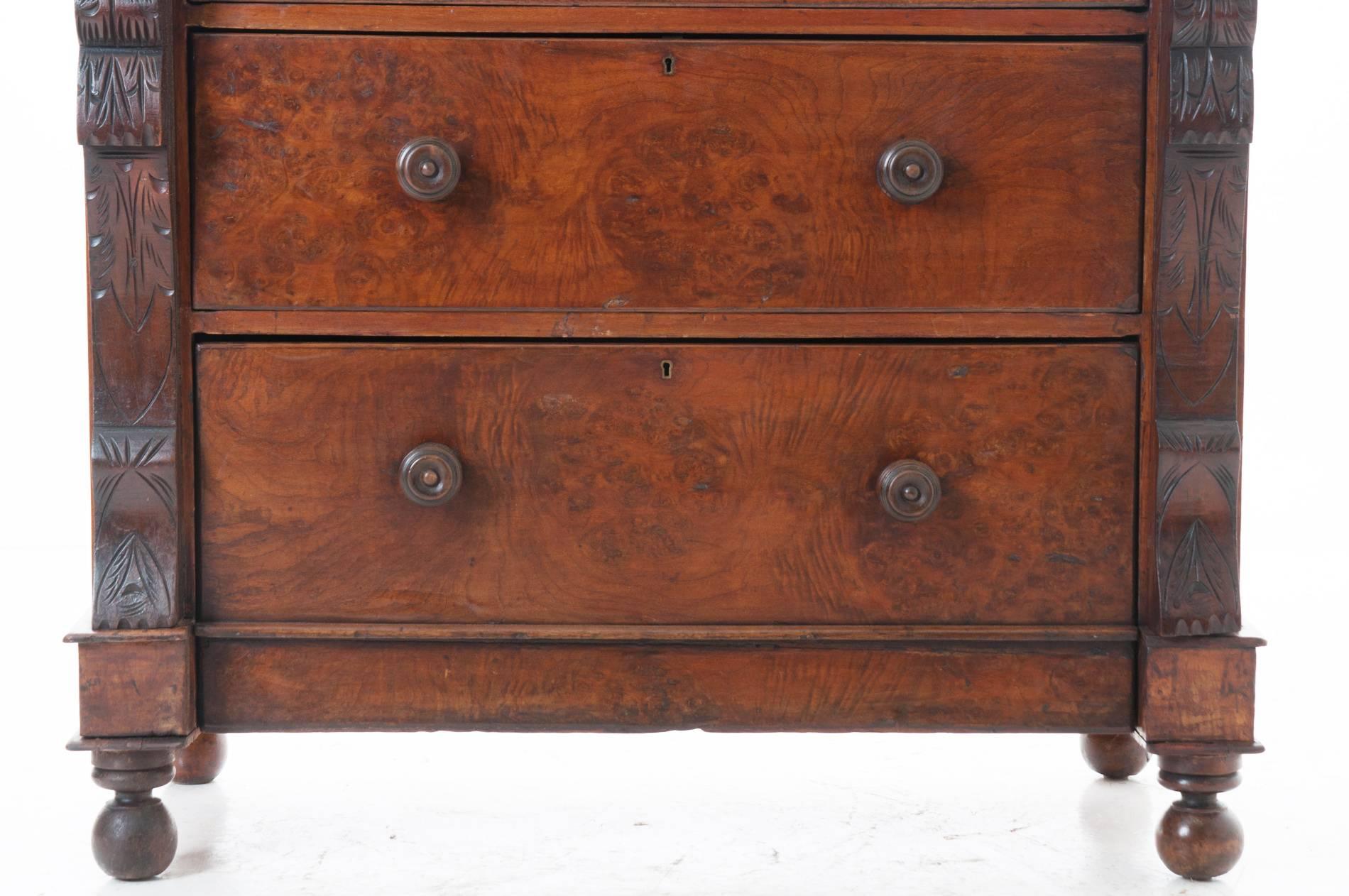Scottish 19th Century Carved and Burled Mahogany Chest of Drawers 1