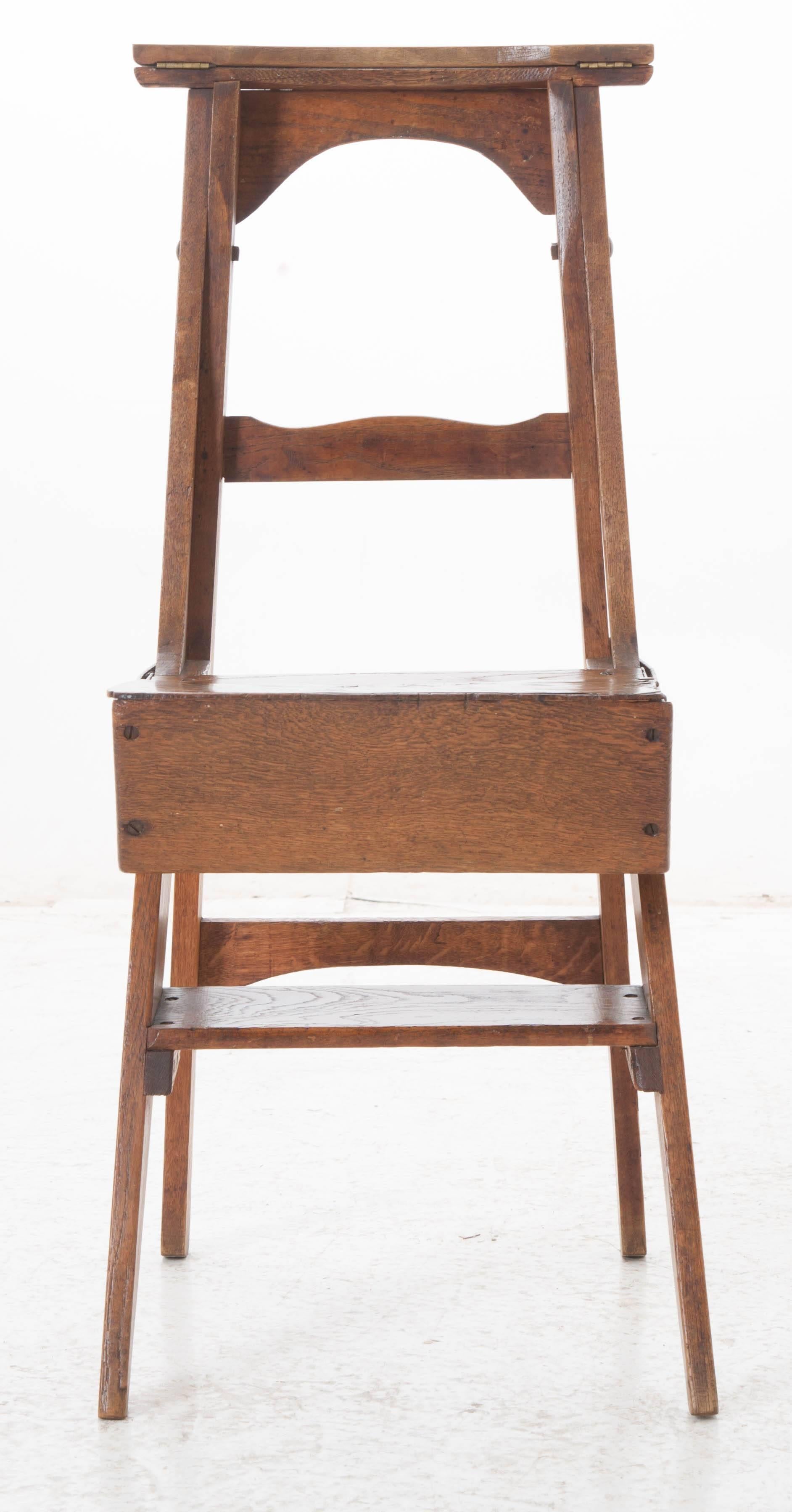 Ingeniously designed, this French oak piece doubles as both a step ladder and a chair. It can be easily configured to fulfill whichever use you have for it. The very top of the piece can be folded back to function as a more comfortable backrest, or