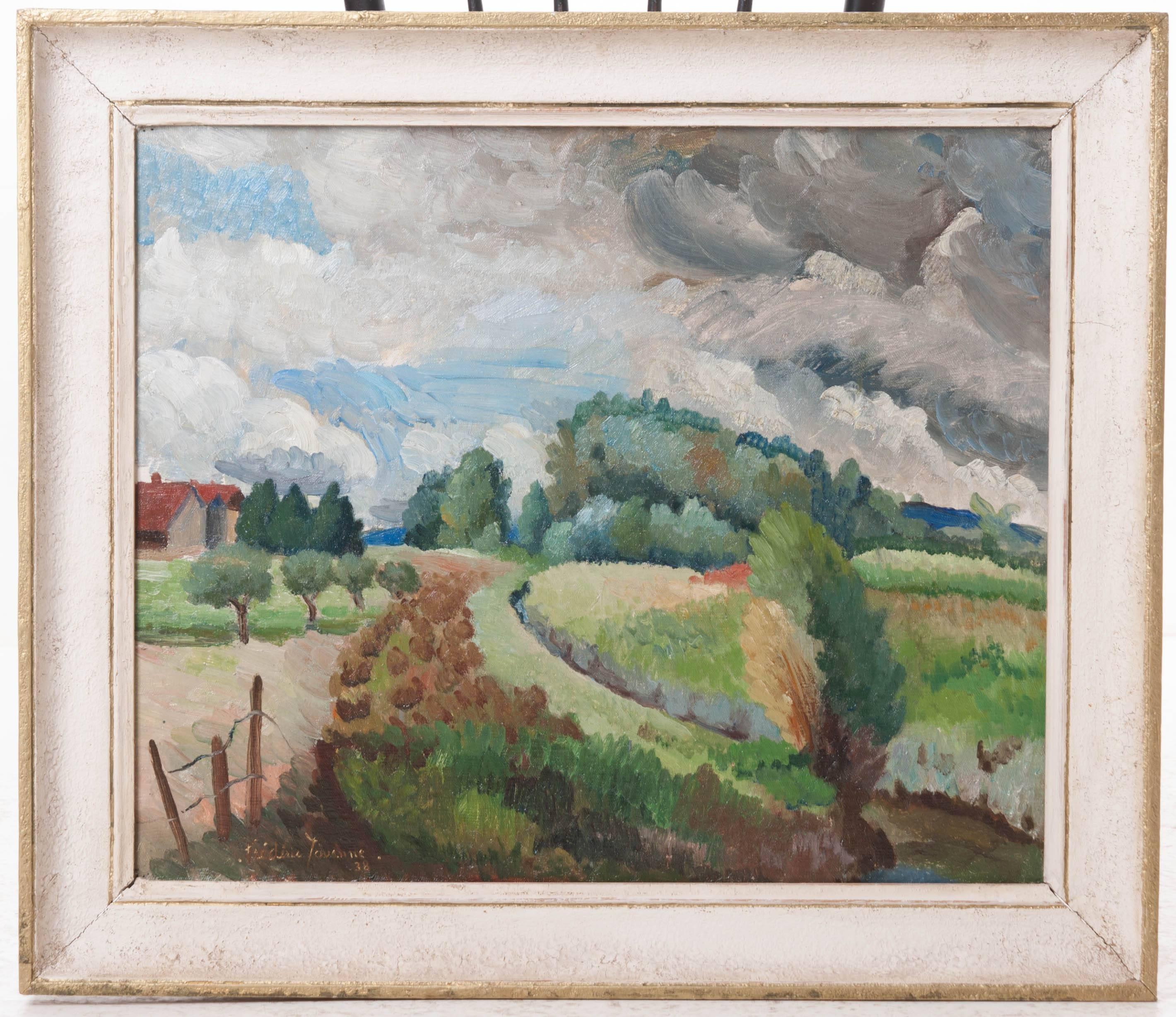 Oil on canvas. Exceptional landscape of life in the French countryside. Vivid colors and deliberate brush strokes marry to create the illusion of movement. Frame is painted in an textured, antiqued white with gold trim. Signed by the artist in '38.
