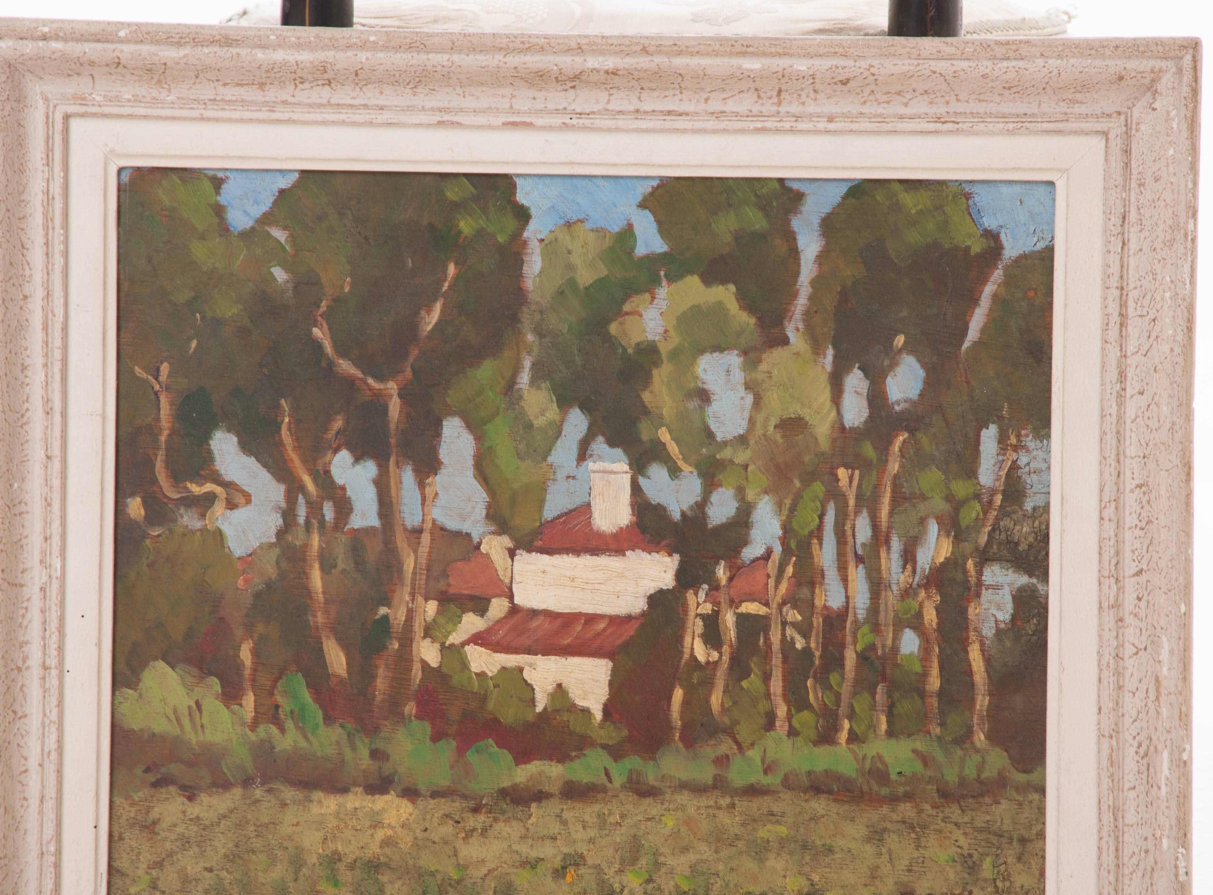 Oil on wood panel. Pastoral landscape depicting a homestead through a line of trees. Frame is painted antiqued white with gold texture. Signed by artist.