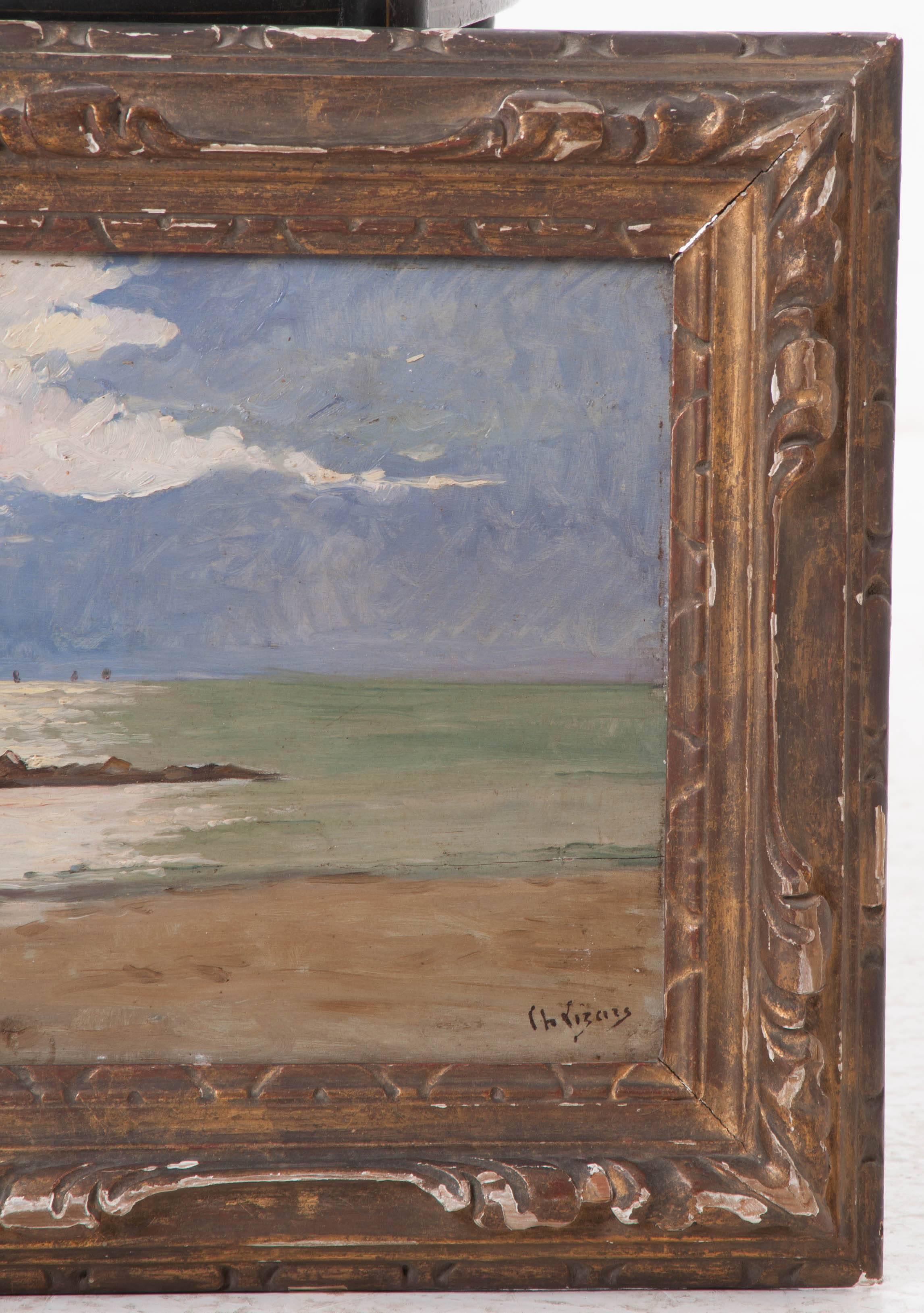 Oil on wood panel. Impressionist techniques can be seen in this antique French landscape. Capturing a tranquil beach scene, the artist uses small, visible brush strokes to create playful movement seen in the clouds and in the sun's reflection