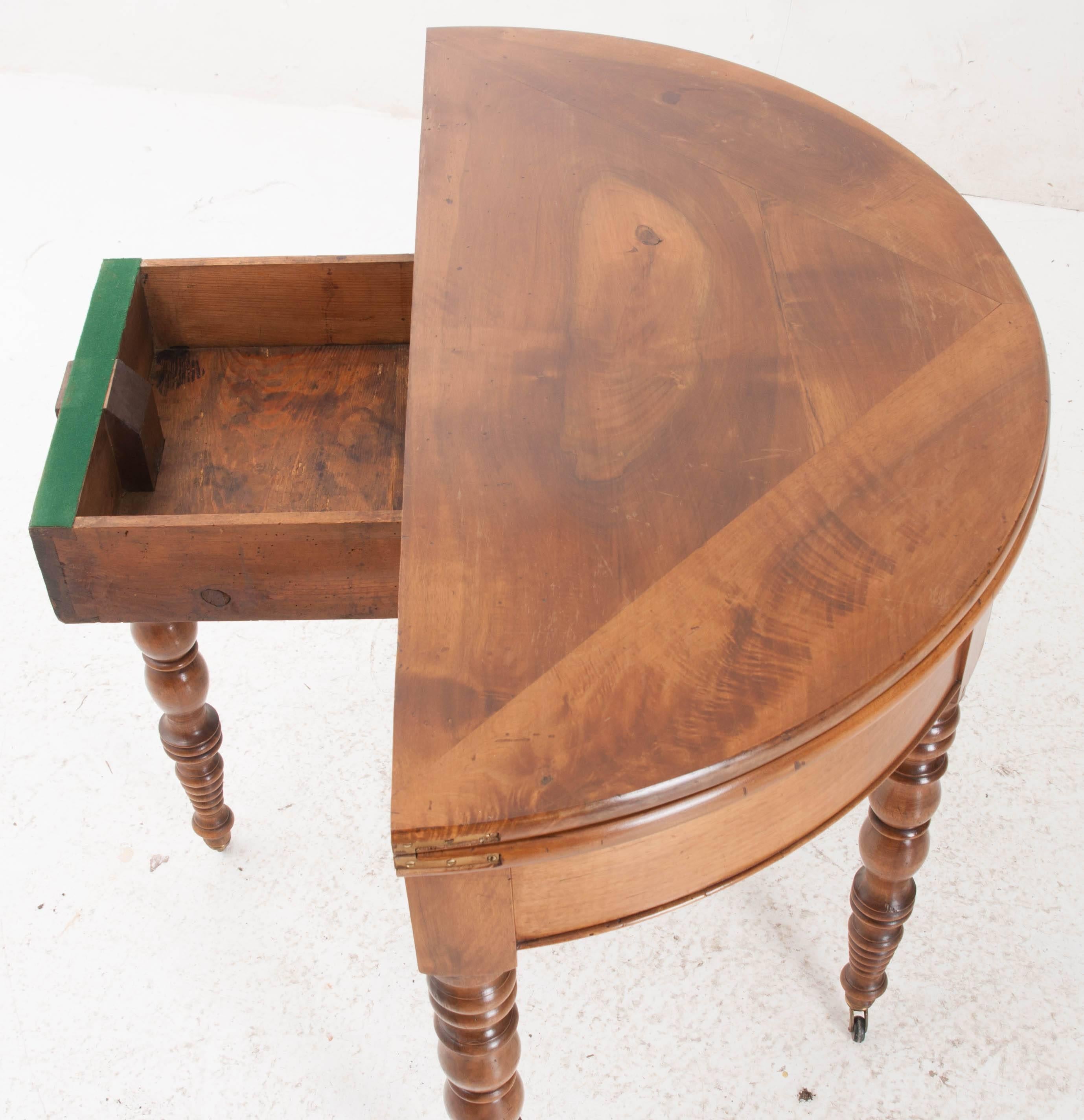 French 19th Century Folding Demilune Table with Drawer In Good Condition In Baton Rouge, LA