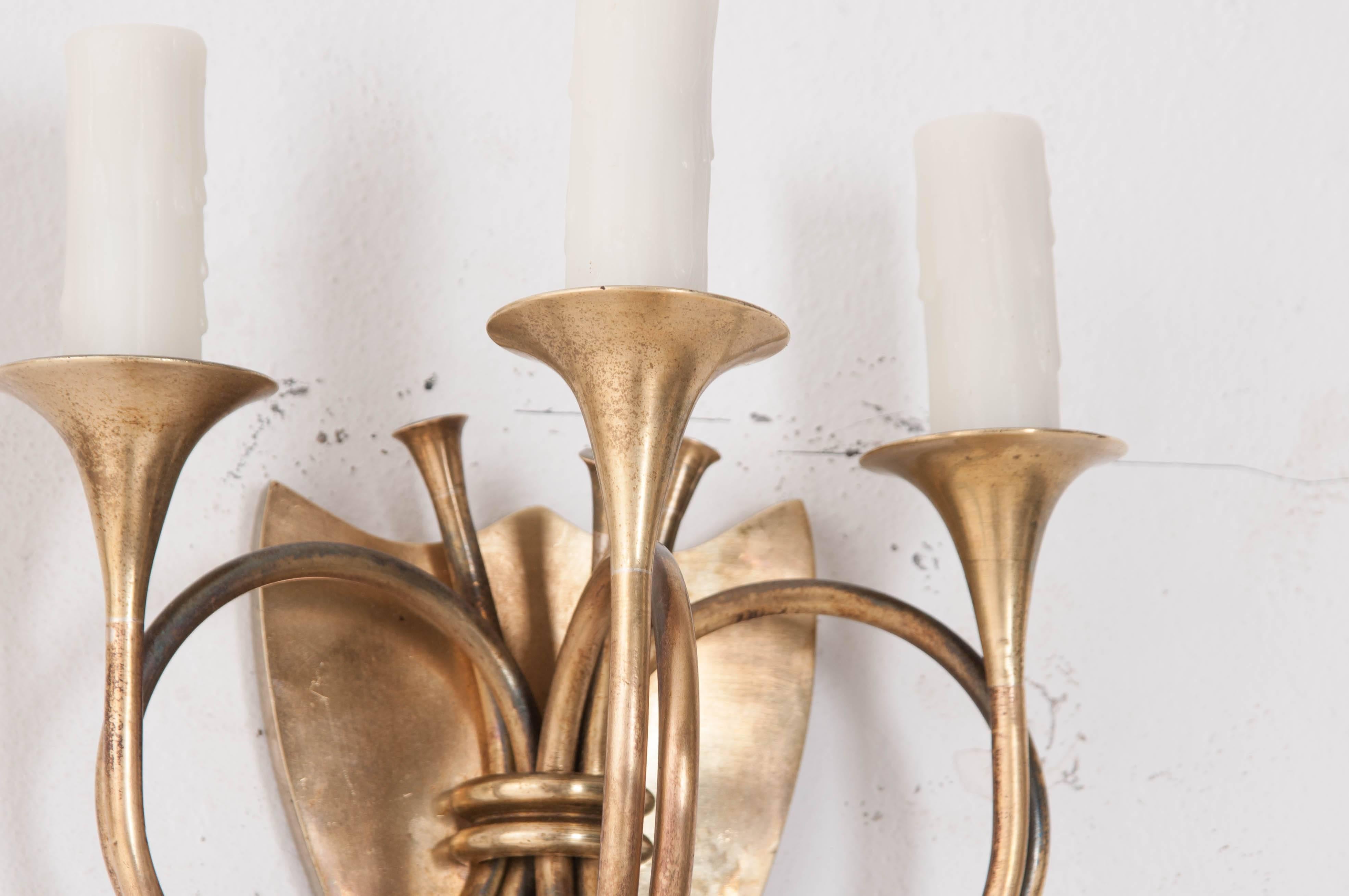 Pair of English 19th Century Brass Horn Sconces 2