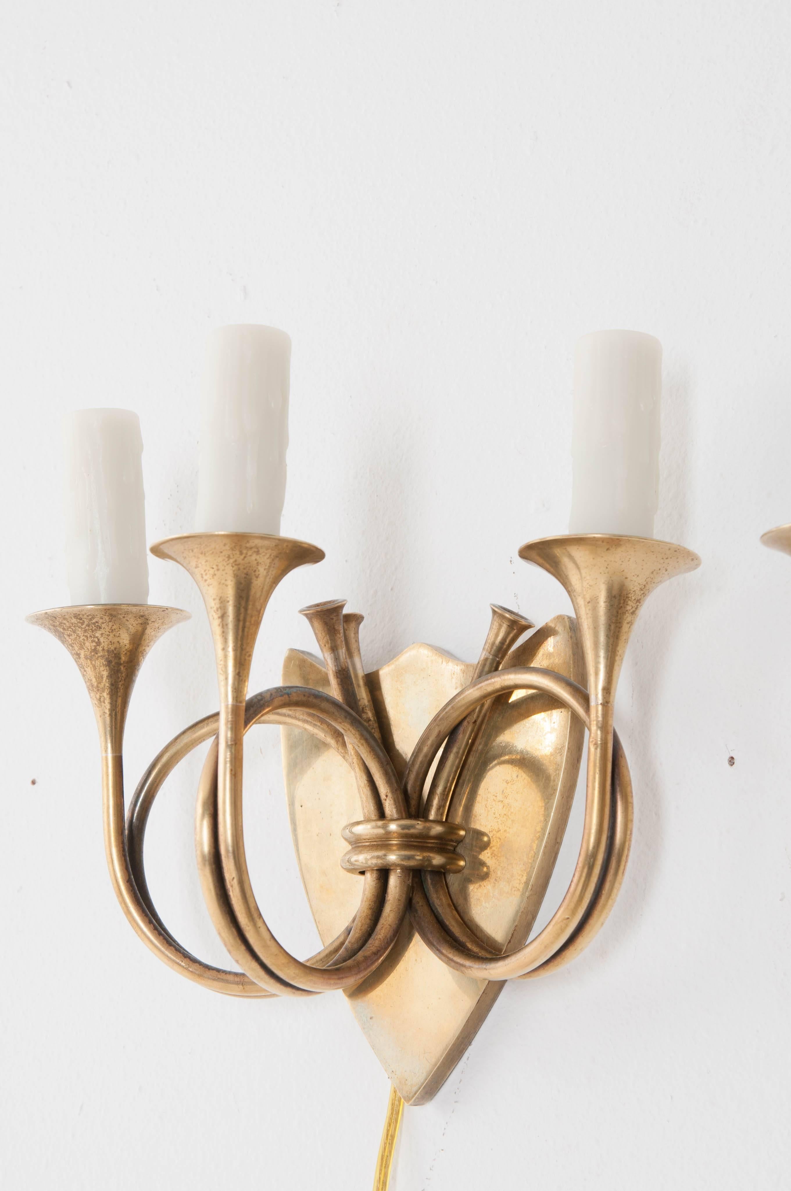 Pair of English 19th Century Brass Horn Sconces 4