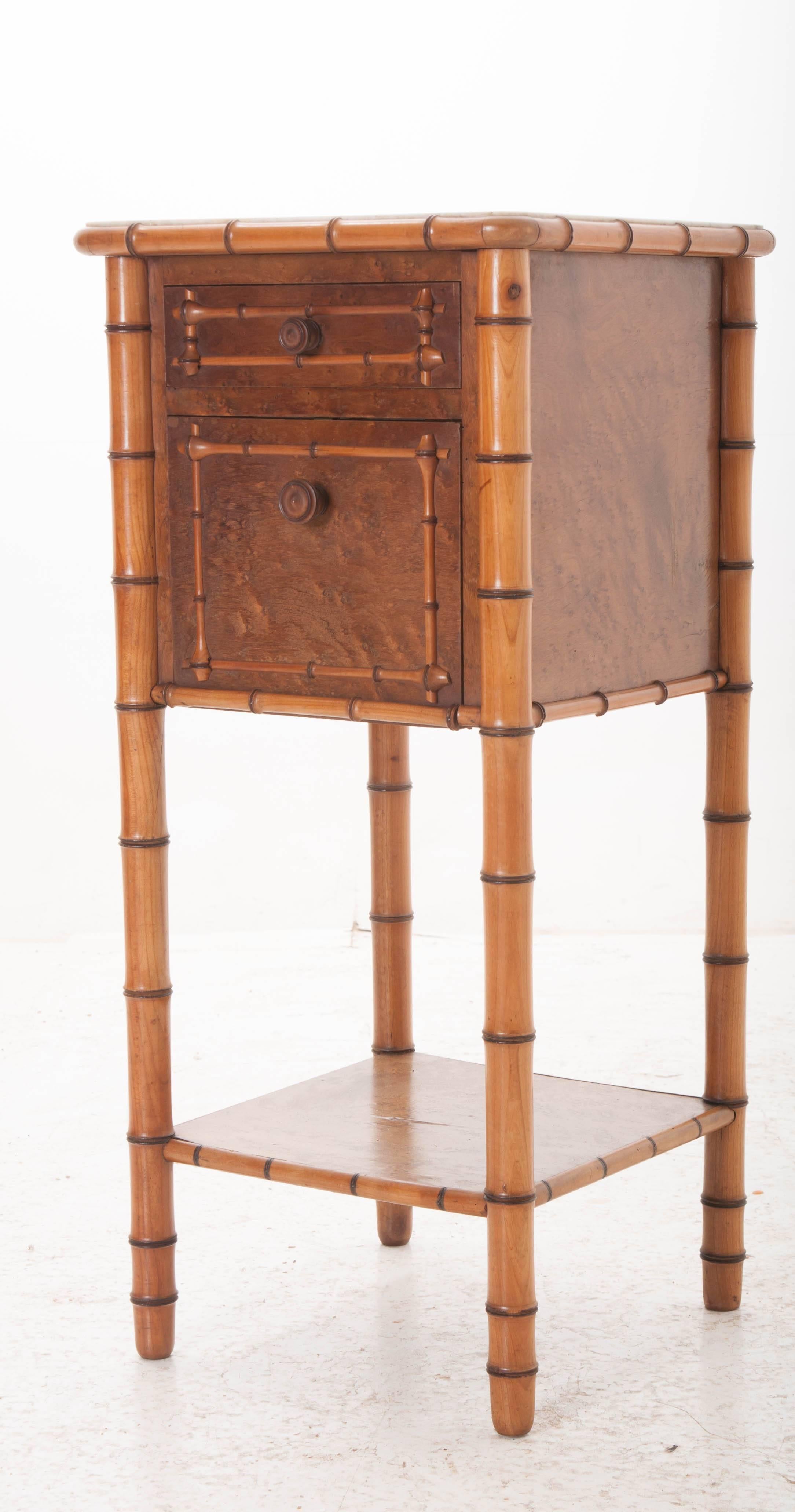 French 19th Century Faux Bamboo Bedside Table with White Marble Top 3