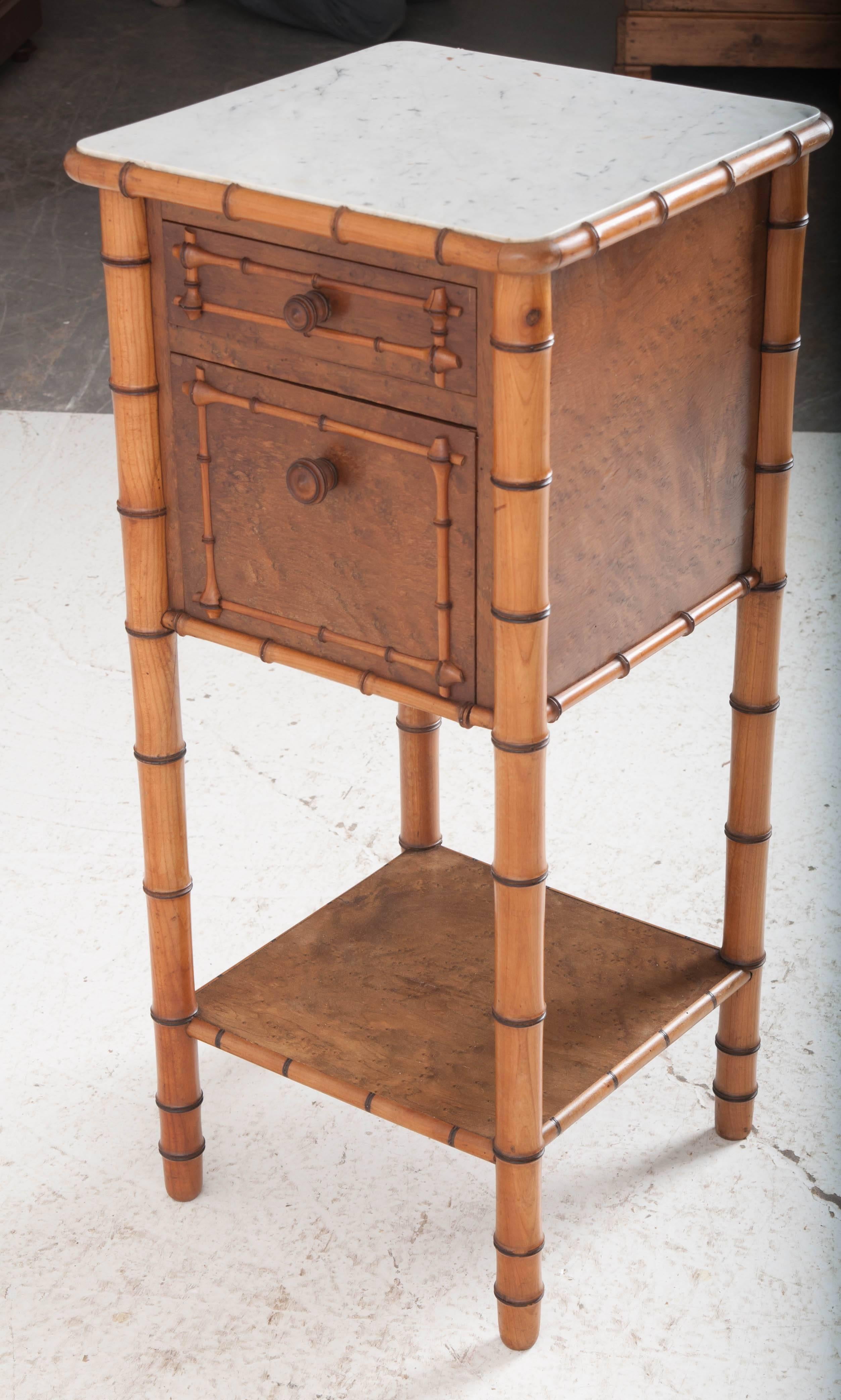 French 19th Century Faux Bamboo Bedside Table with White Marble Top 5