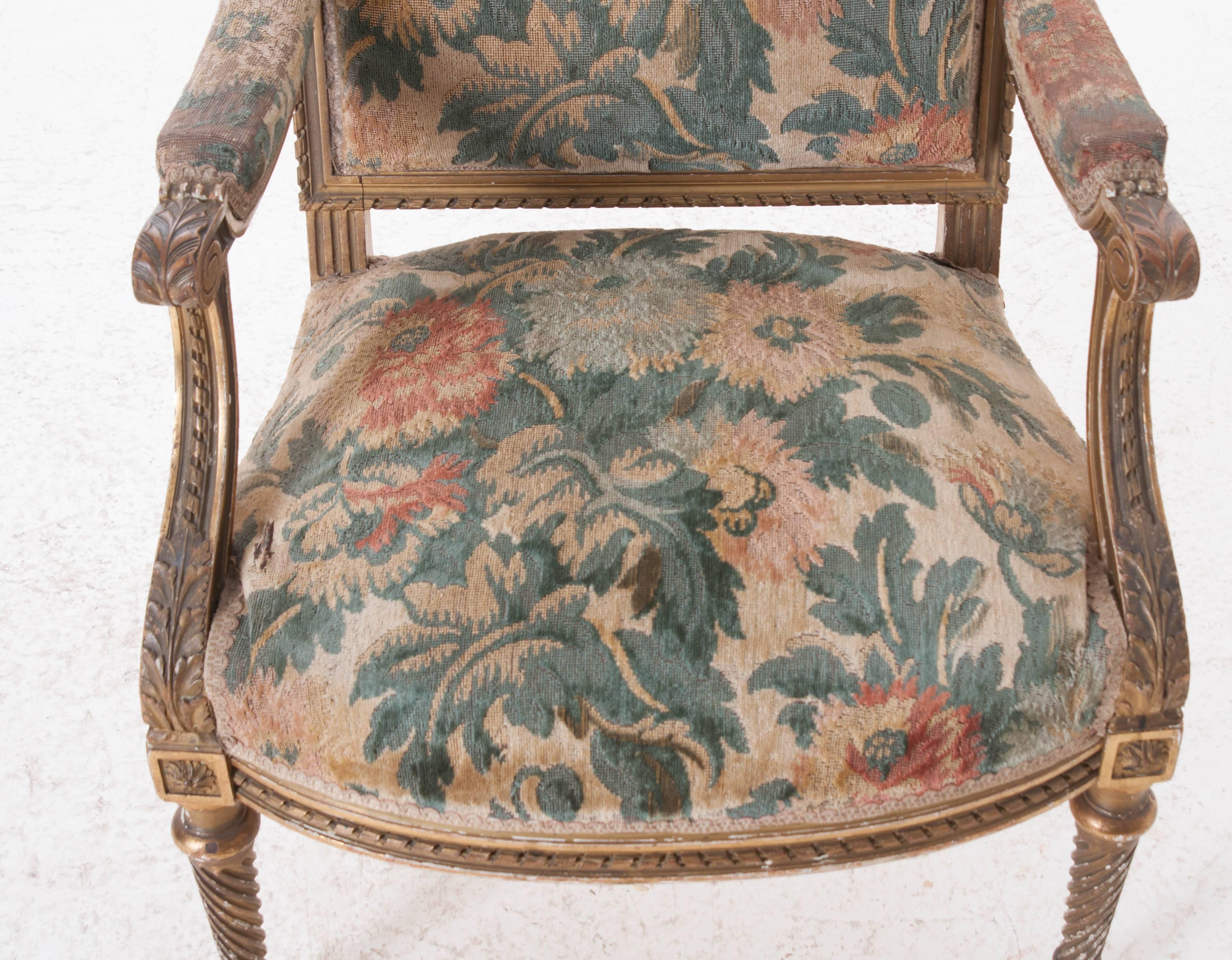 French 19th Century Louis XVI Gold Gilt Fauteuil with Tapestry Upholstery 2