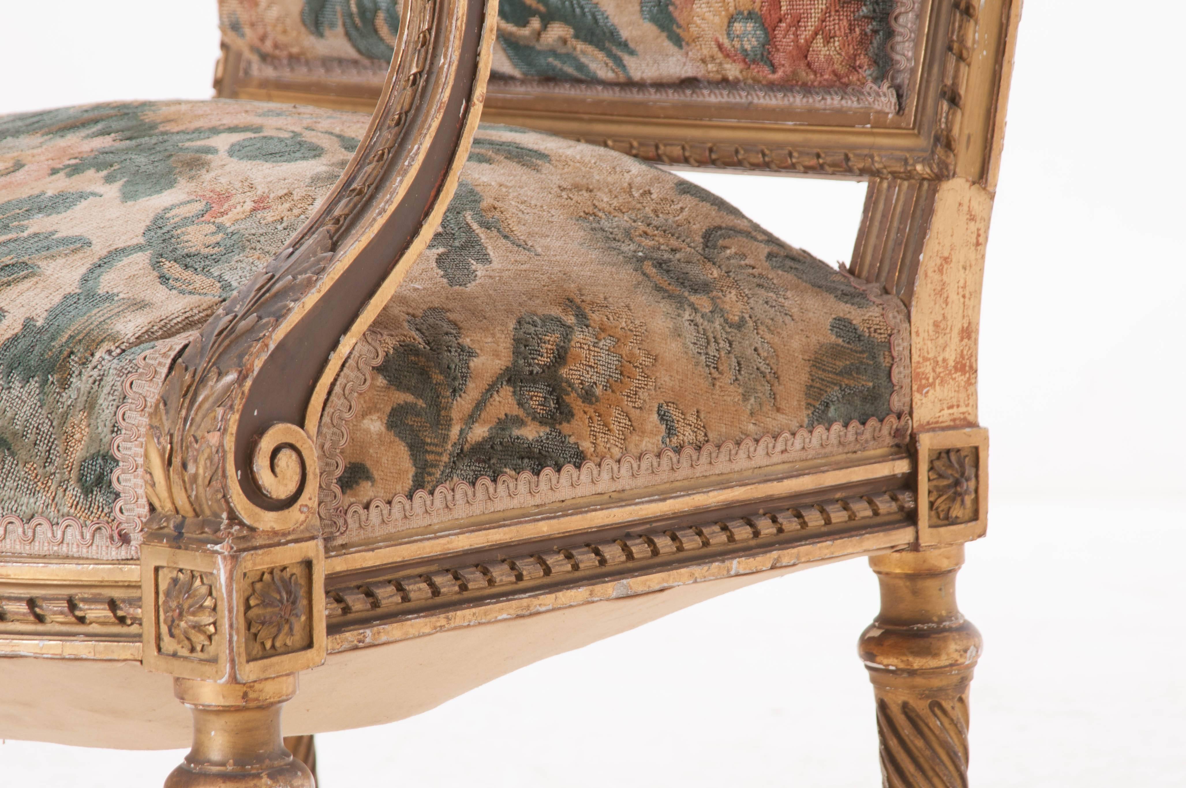 French 19th Century Louis XVI Gold Gilt Fauteuil with Tapestry Upholstery 4