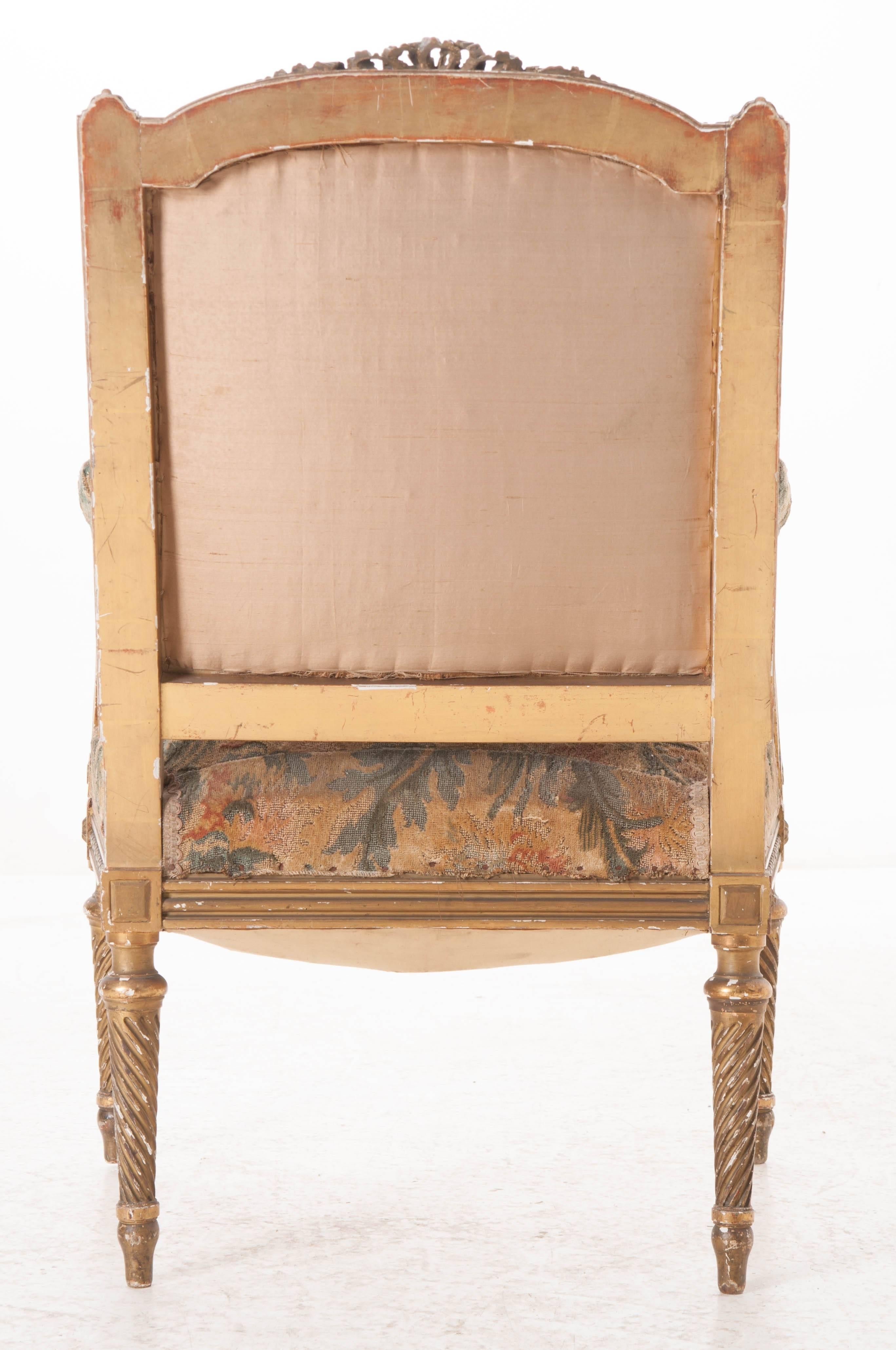 French 19th Century Louis XVI Gold Gilt Fauteuil with Tapestry Upholstery 6