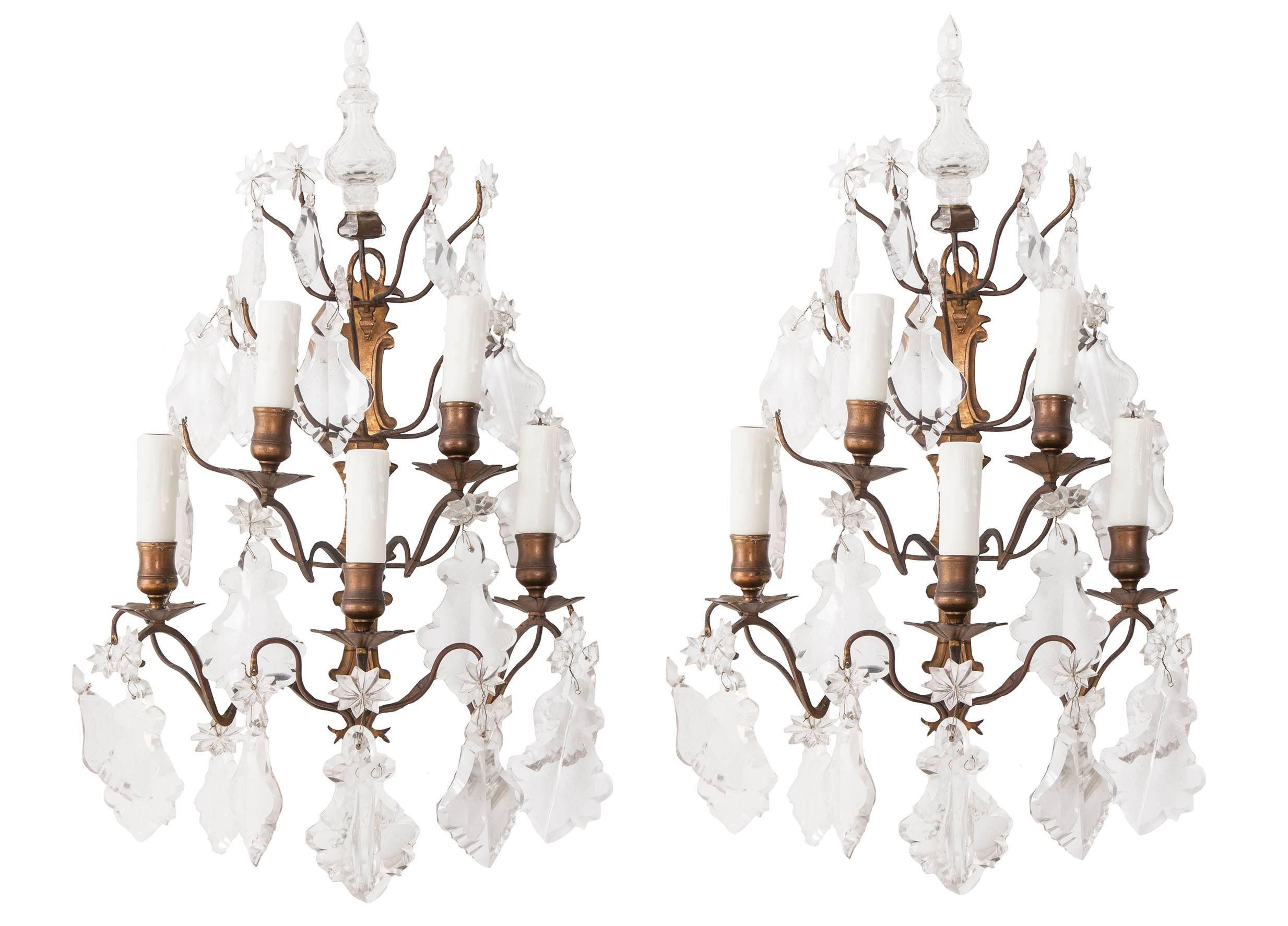 Pair of French 19th Century Crystal and Brass Sconces 3