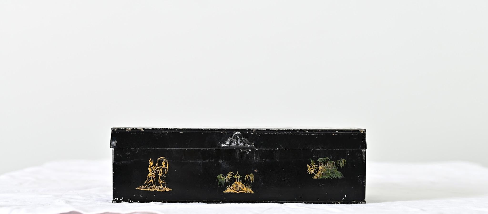 Painted English Chinoiserie Tole Box For Sale