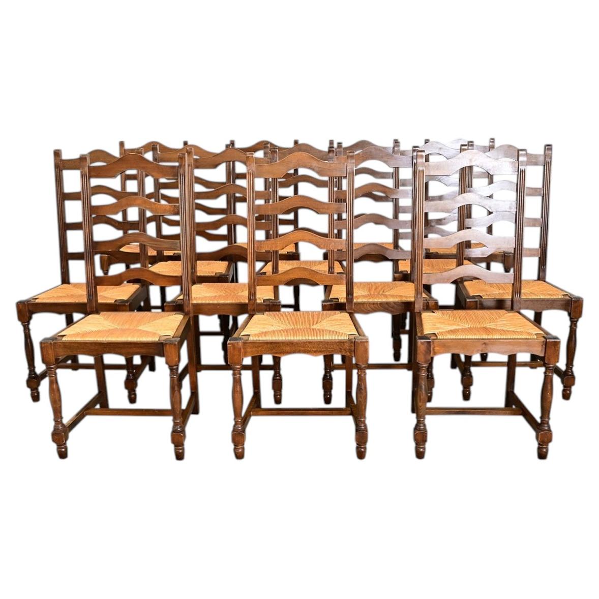 Set of 14 French Provincial Oak Dining Chairs with Rush Seats, 19th C. For Sale