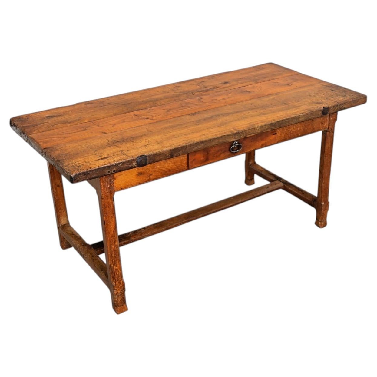 19th Century French Oak Farm Table with Iron Pins, Rustic Antique