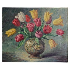 Oil Painting of Tulips in a Pretty Round Vase on Canvas