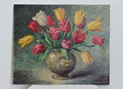 Oil Painting of Tulips in a Pretty Round Vase on Canvas