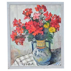 French Vintage Still Life Painting of Geraniums in a Vase