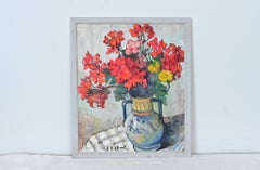 French Vintage Still Life Painting of Geraniums in a Vase