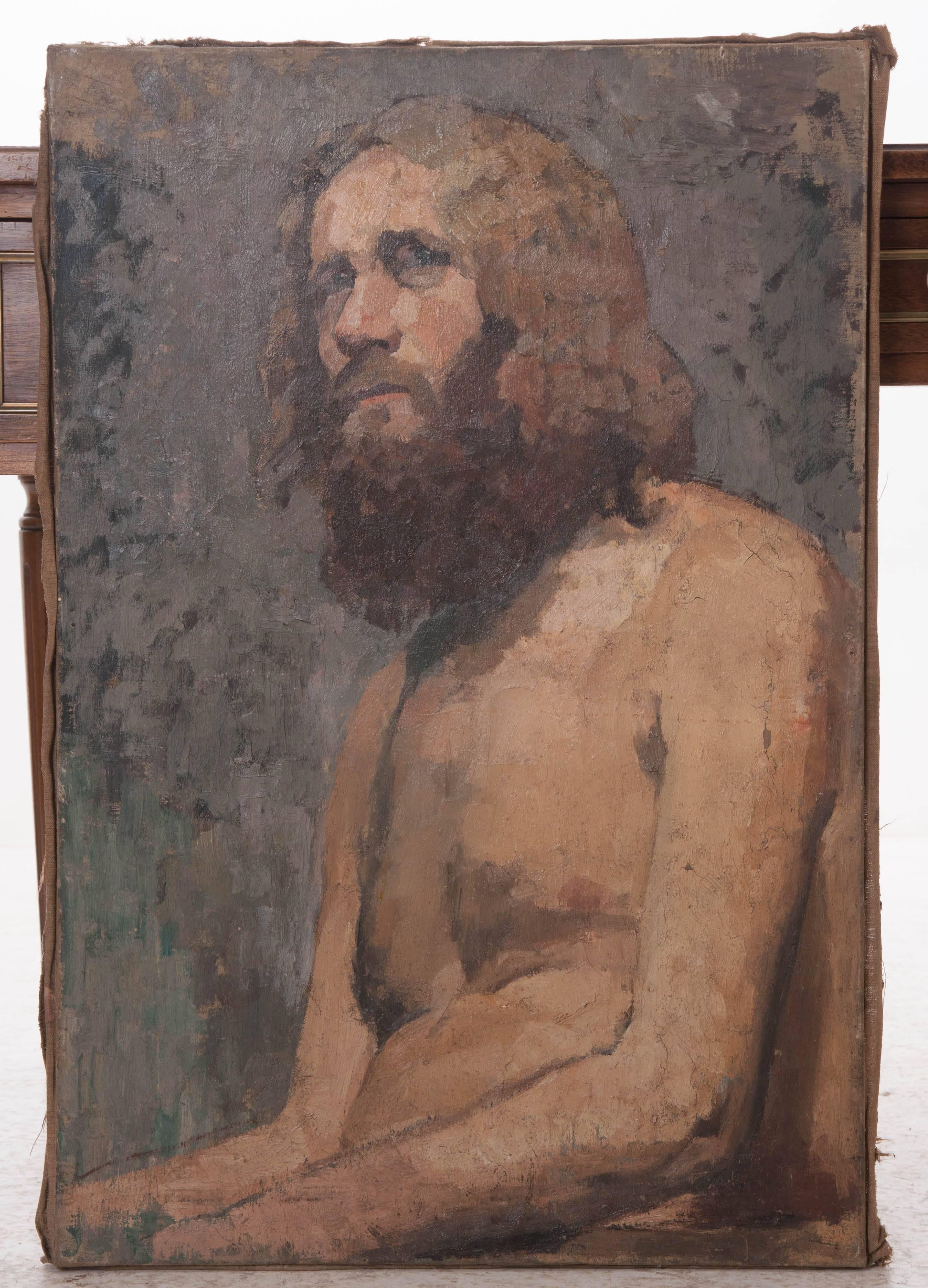 This exceptional Impressionist portrait depicts a shirtless man seated, seemingly lost in thought. There is a mysterious beauty in his melancholy expression. The short brushstrokes and thick oil paint create a textured surface that adds to this