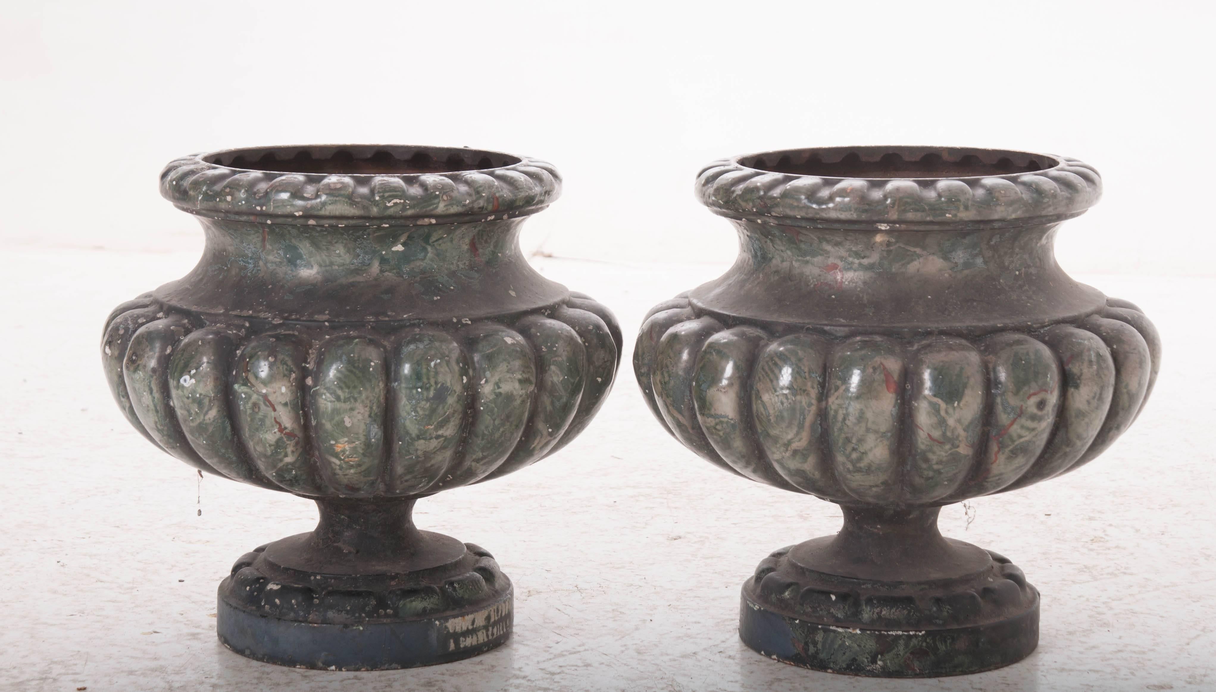 Pair of Vintage Faux Marble Painted Cast Iron Pots 3