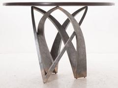 Round Walnut Top Table with Decorative Metal Base