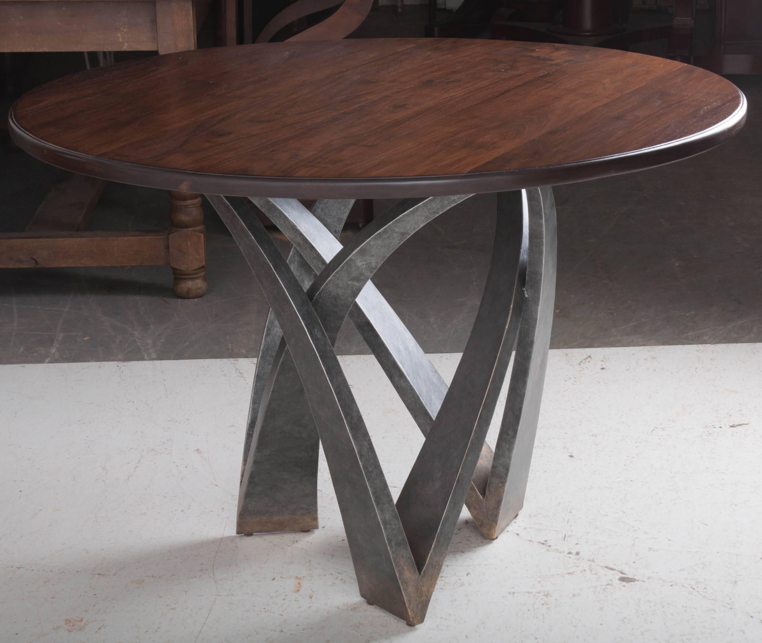 Round Walnut Top Table with Decorative Metal Base 1