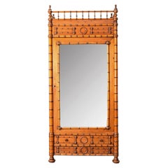 French 19th Century Faux Bamboo Pine Mirror Door Armoire