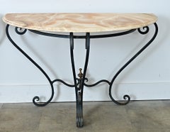 French Pair of Onyx & Iron Demilune Consoles