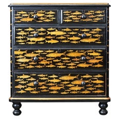 English 19th Century Pine Painted Chest with Fish Decoupage