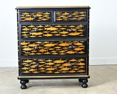 English 19th Century Pine Painted Chest with Fish Decoupage