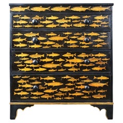 English Painted Chest with Fish Decoupage