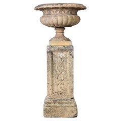 English 19th Century Carved Stone Pillar with Urn on Top