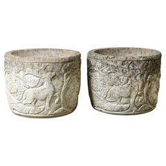 Pair of English Cast Stone Decorated Planters